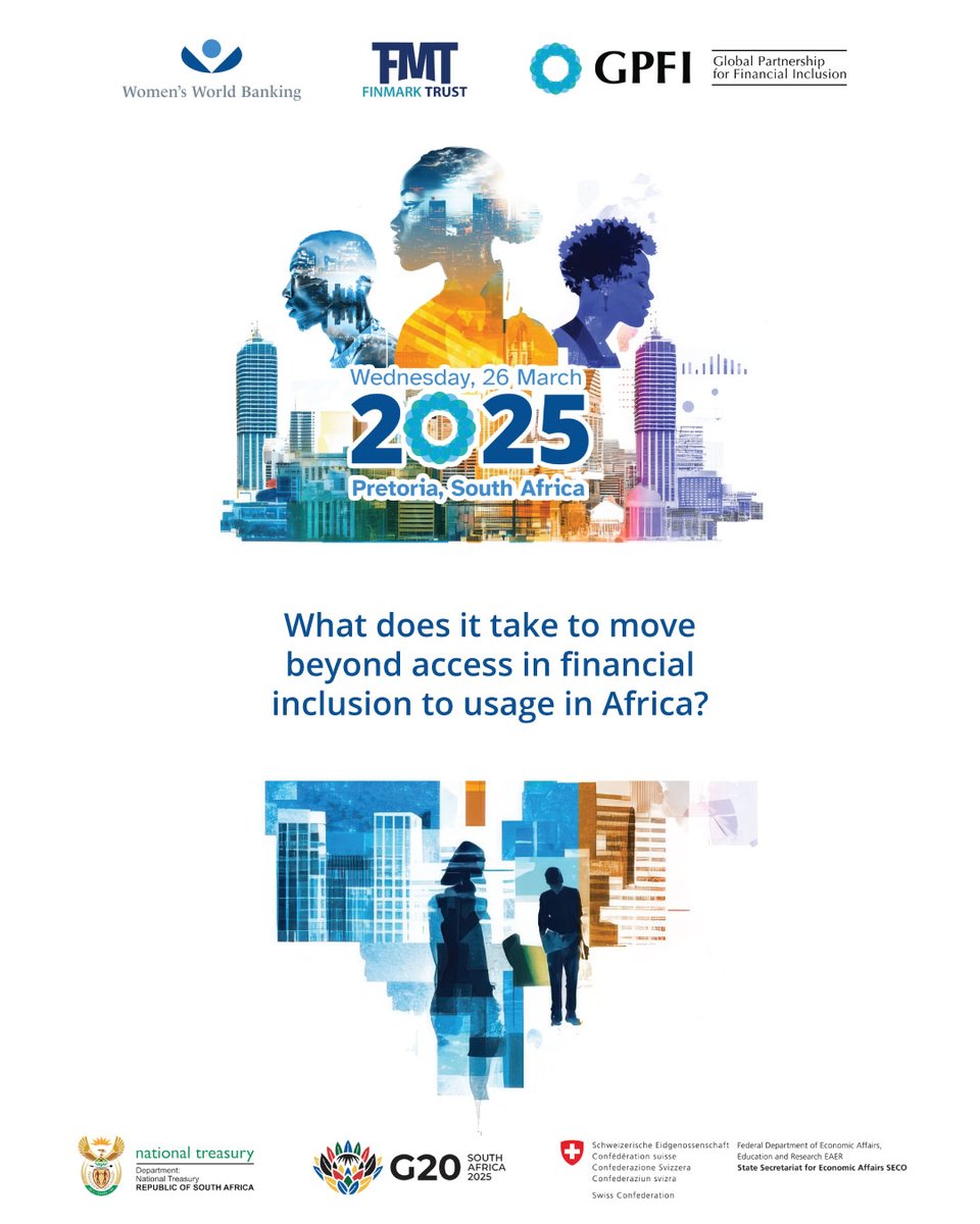 Finmarktrust's tweet image. Pleased to co-host the G20 #GPFI Side Event with @womensworldbnkg tomorrow!

🌍Moving the Needle: Advancing Financial Inclusion from Access to Usage will tackle real barriers to #FinancialInclusion across key sectors—driving action #beyondaccess.💡Make finance work for everyone!