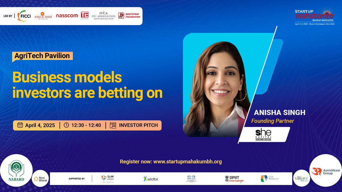 We are excited to hear <a href="/anishasinghas/">Anisha Singh</a>, Founding Partner, <a href="/she_capital/">She Capital</a> during the investor pitch session on ‘Business Models Investors Are Betting On’, at the AgriTech Pavilion at #StartupMahakumbh.