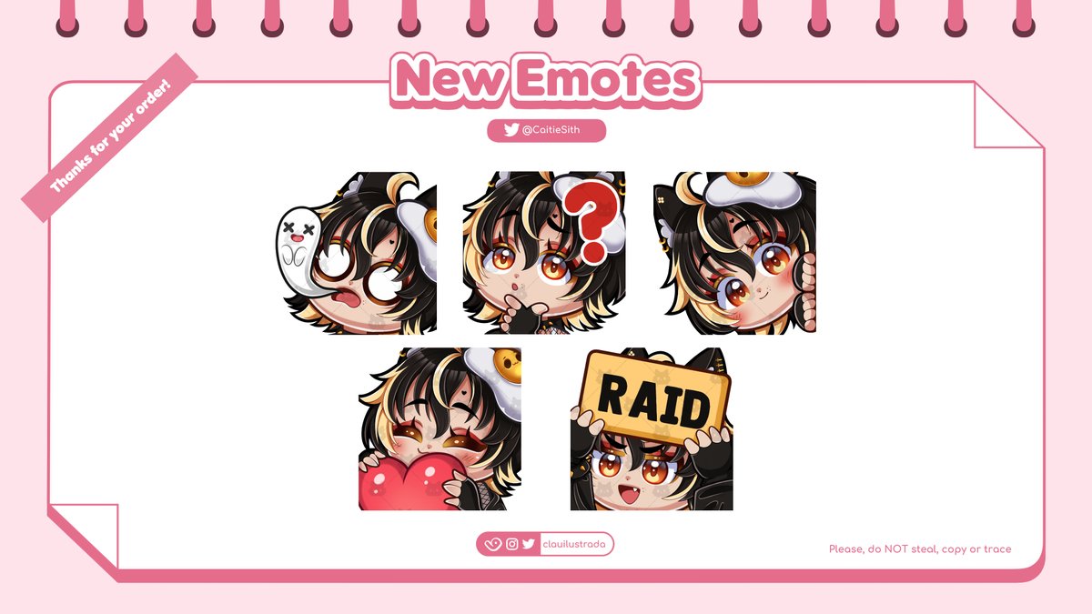 Emotes for <a href="/CaitieSith/">CaitieSith (she/her) 😼🥚 @caitiesith.bsky.social</a> 🥰

#VGenComm #Vtuber #emoteartist