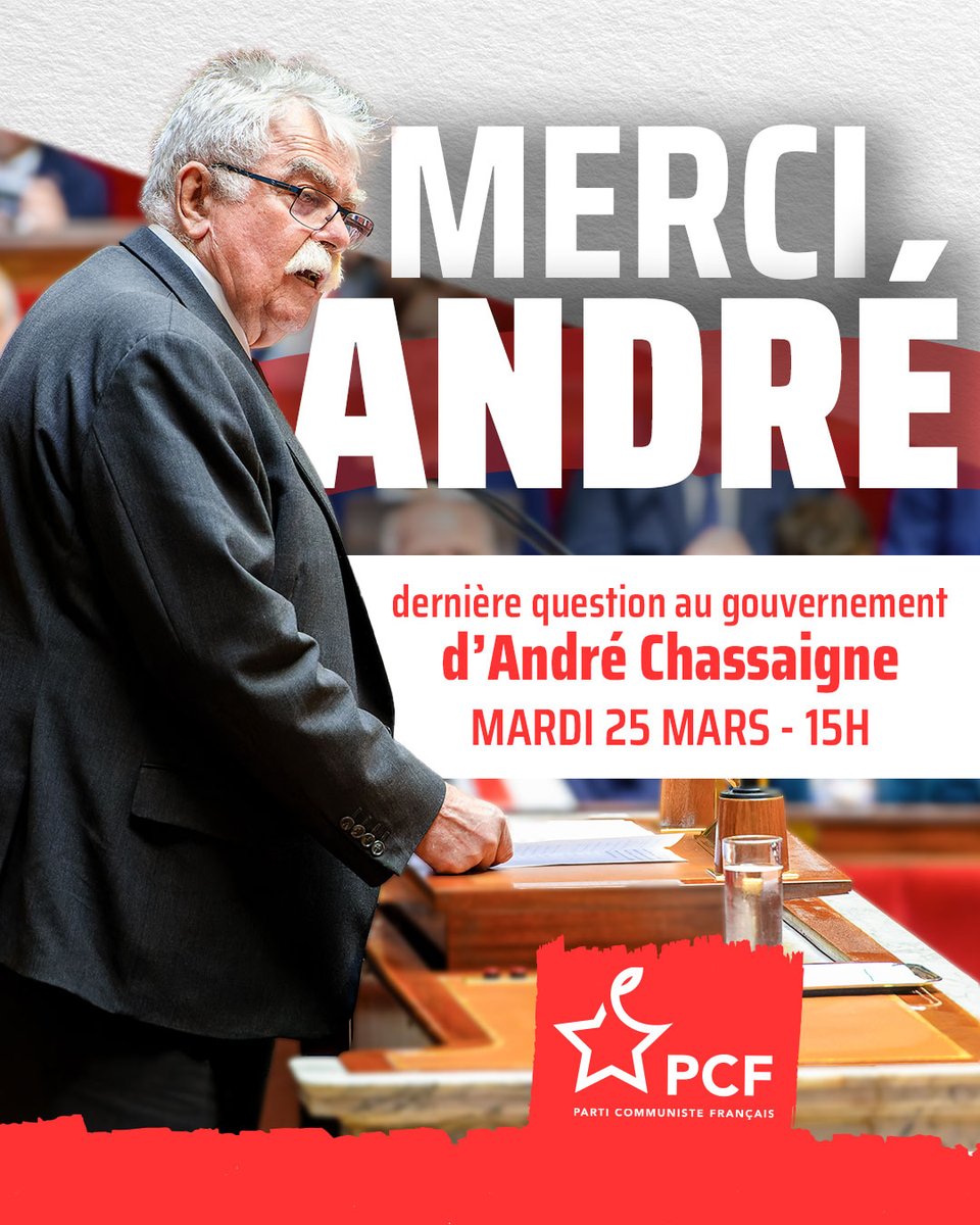 ✨ Merci André !

Aujourd’hui, André Chassaigne  pose sa dernière question au gouvernement après des années de combat à l’Assemblée nationale.

Tu as prouvé chaque jour l’utilité d’avoir des élus communistes, toujours aux côtés du peuple. Défenseur infatigable des services
