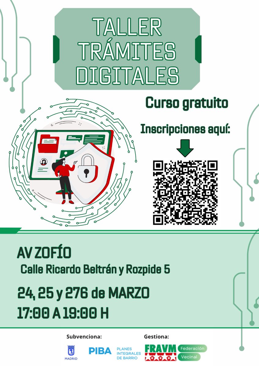 ¿Cansado del papeleo?  Participa en el  taller gratuito sobre trámites digitales que se dará en la AAVV del Zofio en Usera. Ven y aprende a realizar gestiones online con seguridad y eficiencia desde la Cl@ve PIN hasta la firma electrónica, ¡te guiaran paso a paso!  ¡Inscríbete!