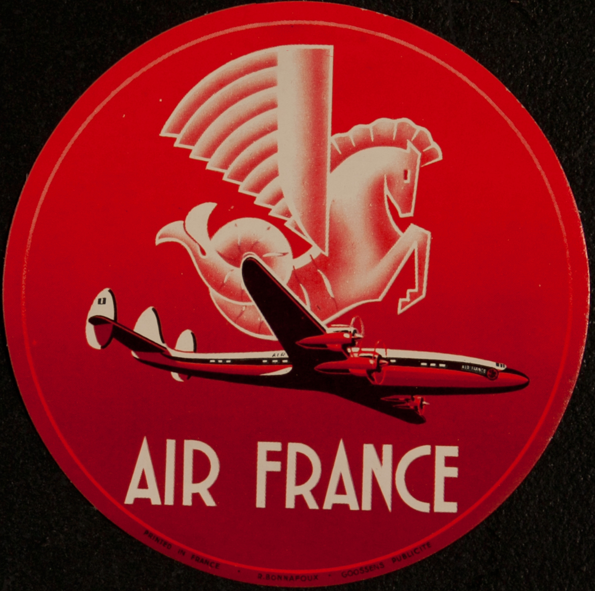 Magnificent badge for Air France designed by R. BONNAFOUX around 1950 featuring the company's hypocampus sympole since its creation and a Constellation.

© Air France
