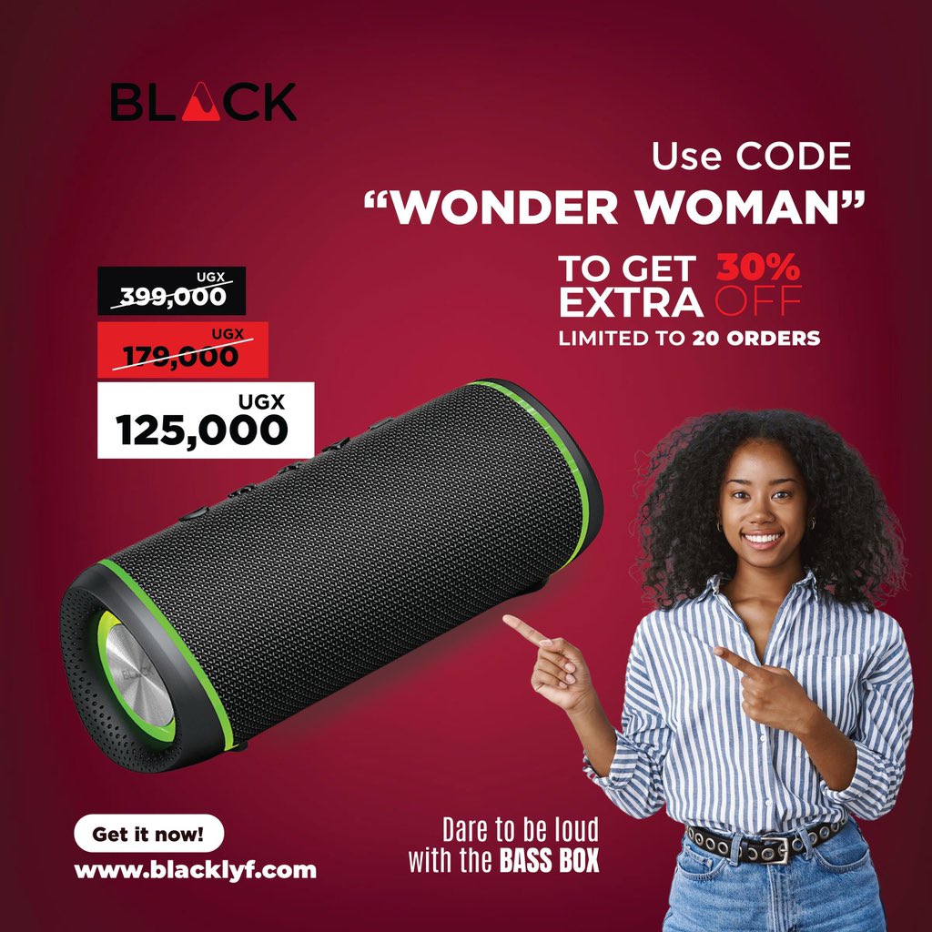 882SanyuFM's tweet photo. Unbeatable Deal Alert! 🔥
Get the Bass Box for just UGX 125,000 & save BIG! 🎶💥 Use code “WONDER WOMAN” for an extra 30% OFF (Limited to 20 orders). Hurry before it’s gone! 🚀💯 #BlacklyfDeals #BassBox #DareToBeLoud https://t.co/a37G31Qst6