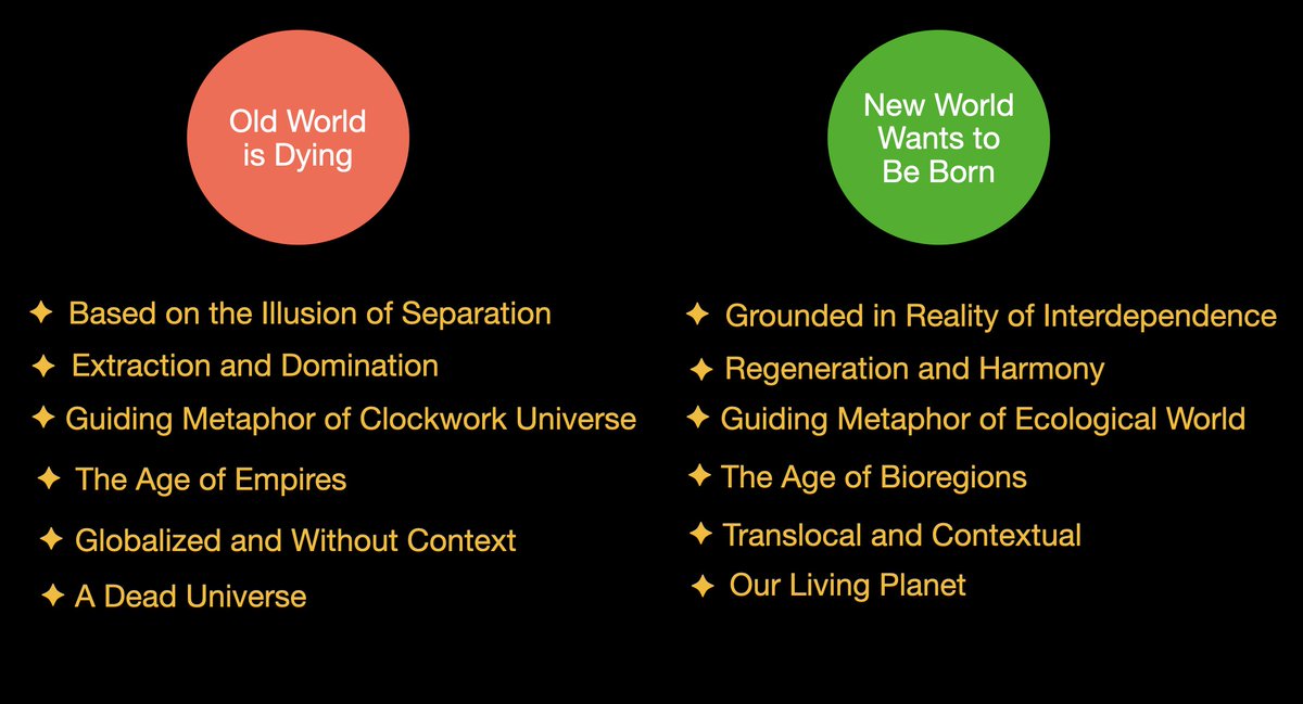 cognitivepolicy's tweet photo. I feel it daily now as the old world breaks down more -- and we gather with those who are helping a new world to be born.

A quiet revolution has been underway since the late 1960's. It involved people seeing where the globalized system was heading through the ecological lens of pollution, limits to growth, and structural patterns of colonial extraction.

In the 1970's there was an explosion of planetary consciousness as more people began to see images of the Earth from space. We could see for ourselves that everything truly is connected. There were millions of us then. It is more like a billion now.

We have explored sustainability, regeneration, permaculture, local economies, and so much more. Yet all of it seemed to be failing because the world has been dominated by exponential growth of the extractive systems.

Yet all of that is coming to an end now. There isn't much left that can be raped or pillaged. The empires of the Holocene have all collapses with the exception of a desperate few. And increasingly people are realizing that they need to organize locally in order to restore health and harmony to their own watersheds.

This is the deeper meaning of "back to the land" as we discover our bioregional nature as human beings. More of us are realizing that we need to organize human societies that are respectful toward and act in service to the continuation of life on Earth.

Last week we began a six-month learning journey called "How to Organize Your Bioregion" and have people joining us from the continents of North and South America, Europe, Africa, and Australia. It isn't fully planetary yet, but is moving in that direction.

You can be part of this movement. Perhaps you already are. Simply look within your own heart and ask what could give you meaning and purpose as the old world dies around you.

Then find the others. Come together and practice restoring health to ecosystems and human communities. Now is the time. Let's do this.

Onward, fellow humans.