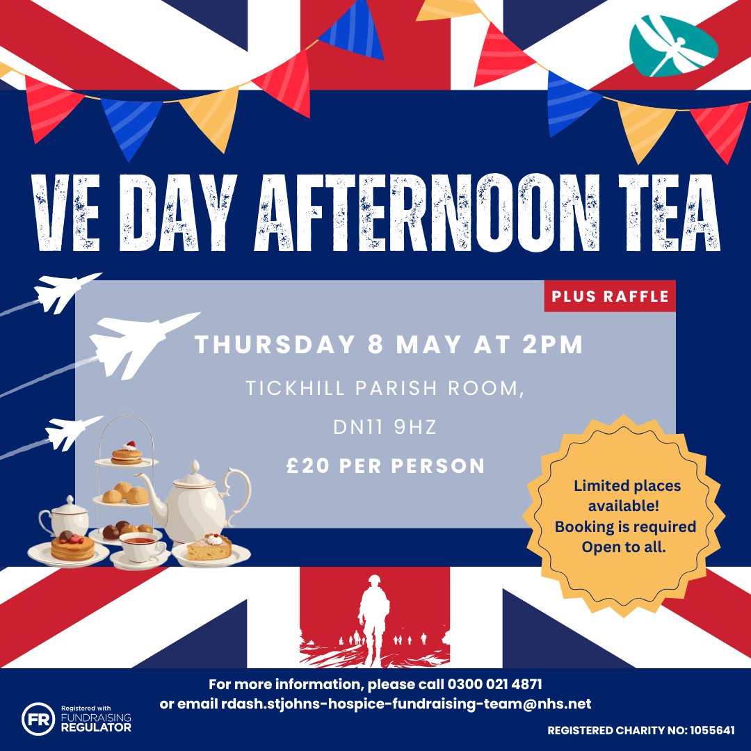 St Johns Hospice Doncaster (@stjohnshospice1) on Twitter photo Celebrate VE Day with an afternoon tea!
Enjoy delicious treats, fantastic company, and a nostalgic atmosphere, all while supporting a great cause! Booking is required. Email the Fundraising Team on rdash.stjohns-hospice-fundraising-team@nhs.net or call 0300 021 4871 to book! Celebrate VE Day with an afternoon tea!
Enjoy delicious treats, fantastic company, and a nostalgic atmosphere, all while supporting a great cause! Booking is required. Email the Fundraising Team on rdash.stjohns-hospice-fundraising-team@nhs.net or call 0300 021 4871 to book!