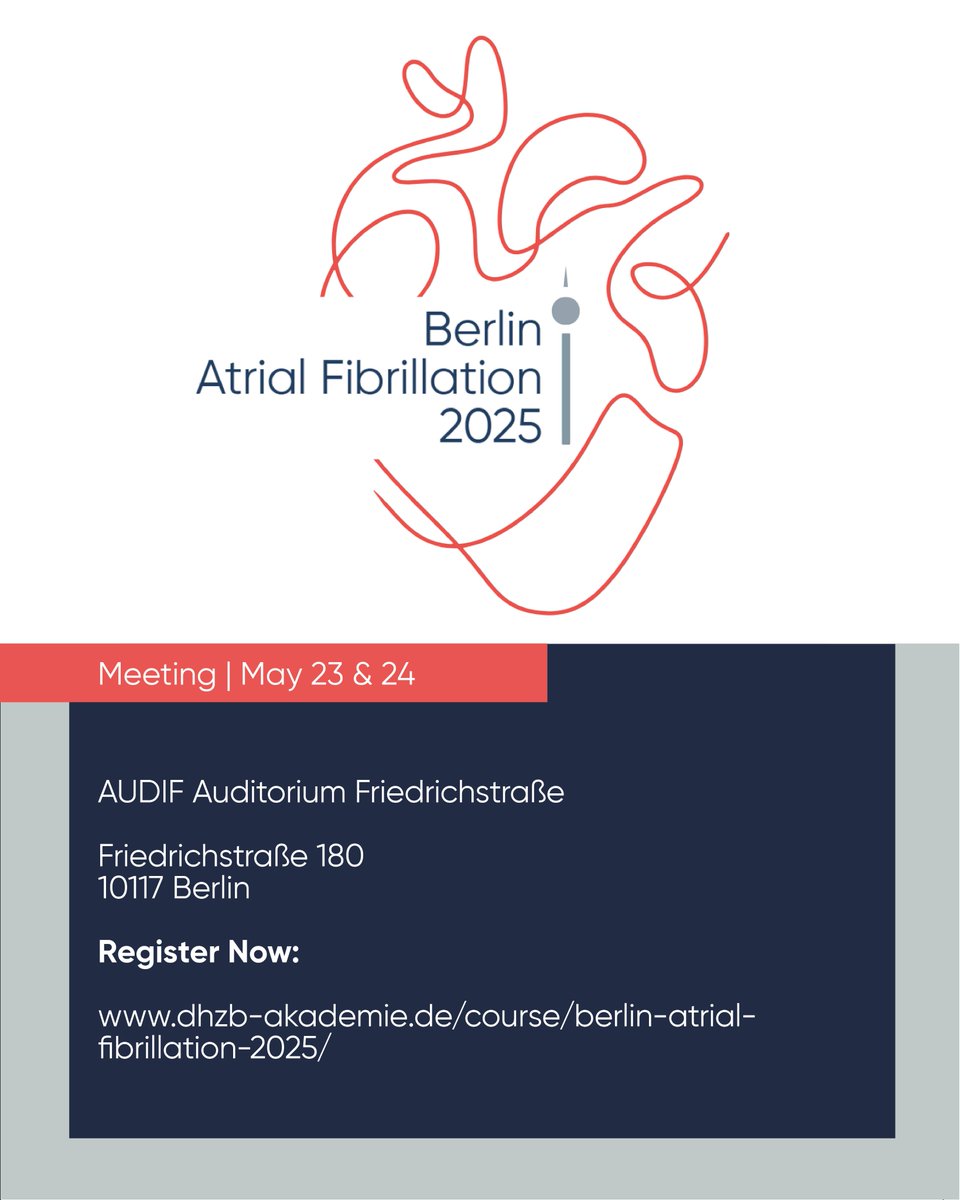 DHZB Akademie (@dhzb_akademie) on Twitter photo 🚩Berlin Atrial Fibrillation 2025
May 23-24
Let's explore the latest standards and breakthroughs in AF prevention, imaging, telemedicine, artificial intelligence and ablation.
More information: dhzb-akademie.de/en/course/berl…
<a href="/dhzcharite/">Deutsches Herzzentrum der Charité</a> 🚩Berlin Atrial Fibrillation 2025
May 23-24
Let's explore the latest standards and breakthroughs in AF prevention, imaging, telemedicine, artificial intelligence and ablation.
More information: dhzb-akademie.de/en/course/berl…
<a href="/dhzcharite/">Deutsches Herzzentrum der Charité</a>