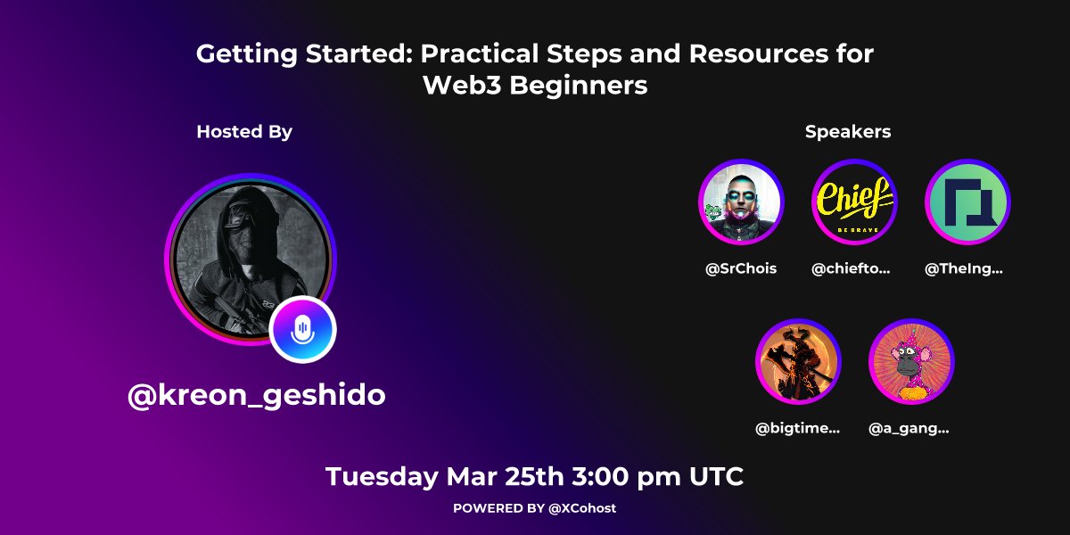 🗓️Tuesday, 25th March 3:00 PM UTC
📍 X Spaces

I dedicate my Tuesdays to onboarding and adoption. Since we aim to onboard people the RIGHT WAY, today we are going to talk about PRACTICAL STEPS &amp; RESOURCES for Web3 Beginners. 
 
We are joined by an amazing panel:
<a href="/SrChois/">SrChois</a>