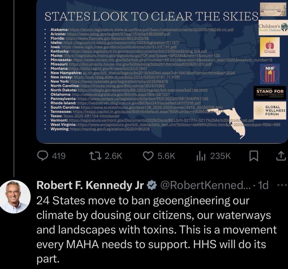 BGatesIsaPyscho's tweet photo. RFK Jnr has just reiterated his pledge to stop the geo-engineering of our skies across America as 24 States move to ban it.

Are you missing the Sun yet where you are? https://t.co/3QLOVTwvHN