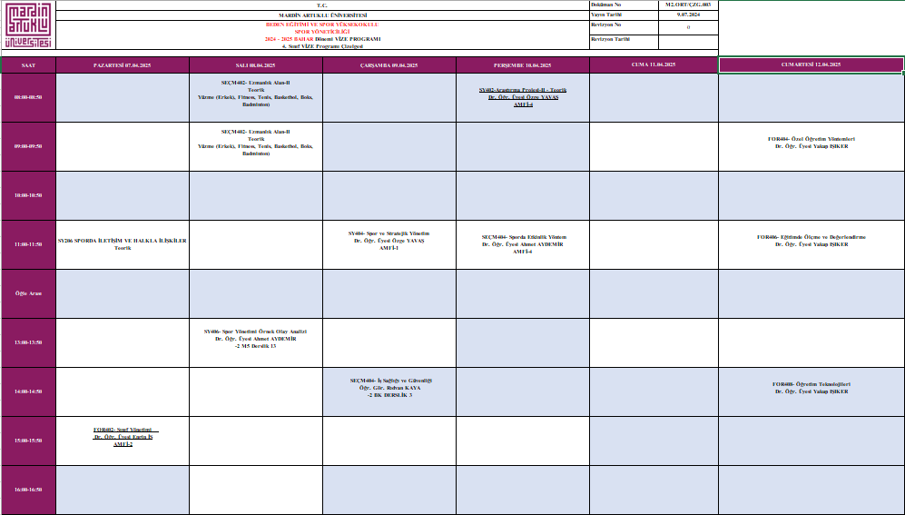 SPOR YÖNETİCİLİĞİ BÖLÜMÜ VİZE SINAV TAKVİMİ YAYINLANDI ! 
Detaylı bilgi için artuklu.edu.tr/tr/beden-egiti…