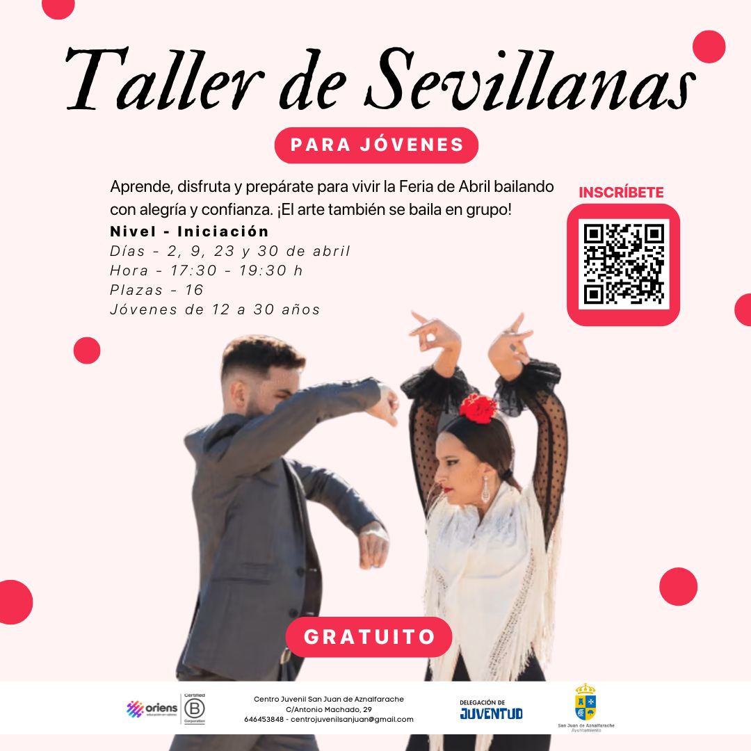 💃🏽Taller dirigido a jóvenes. Nivel iniciación. 
Aprende a bailar sevillanas. 

Cuatro miércoles del mes de abril.

🖋️Es necesario realizar la inscripción previa :
forms.gle/NK3ibyHRLToCbU…

Programación joven:
sanjuandeaznalfarache.es/es/area-social…