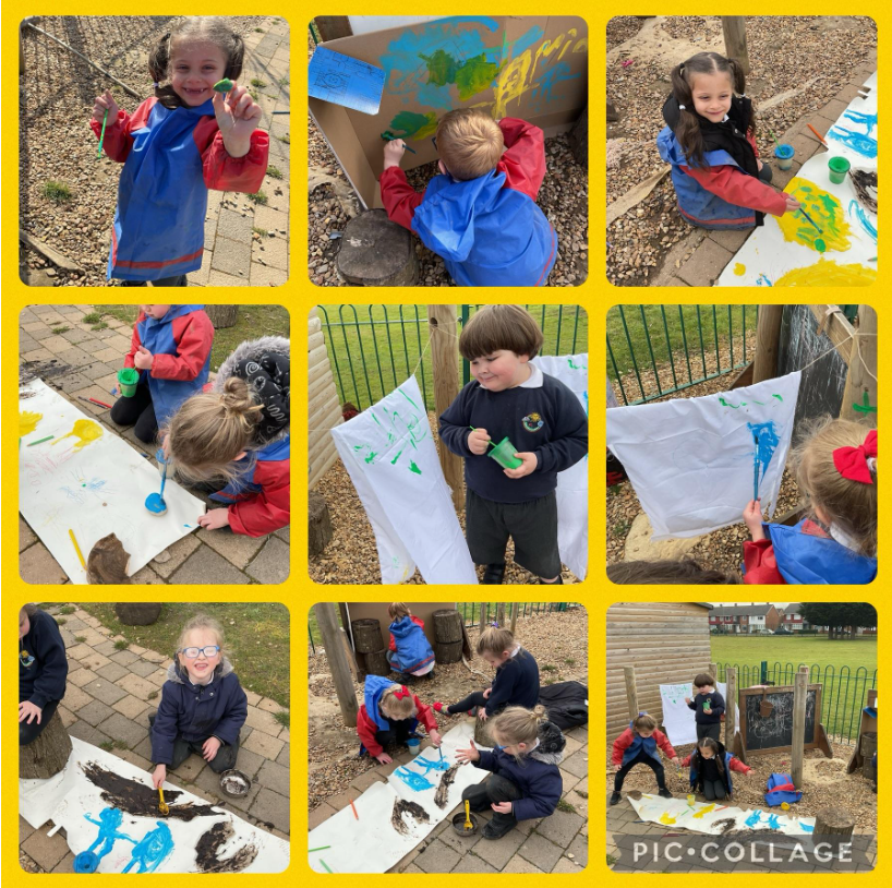 EYs have been developing their artistic skills outside by creating an art zone. Children painted different materials and explored rolling and stamping objects to make marks. Children mixed the paints together to make different colours. #EastersideEarlyYears #EastersideArt