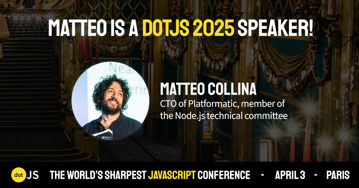 dotJS (@dotjs) on Twitter photo One of the fastest minds in #JavaScript is coming to #dotJS!
We’re thrilled to welcome <a href="/matteocollina/">Matteo Collina</a> to dotJS 2025! If you care about scalability, speed, and efficiency in Node.js, this talk is for you.
💡 "Node.js will use all the memory available, and that's OK."
Yes, you One of the fastest minds in #JavaScript is coming to #dotJS!
We’re thrilled to welcome <a href="/matteocollina/">Matteo Collina</a> to dotJS 2025! If you care about scalability, speed, and efficiency in Node.js, this talk is for you.
💡 "Node.js will use all the memory available, and that's OK."
Yes, you