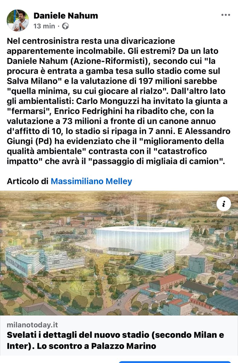 Nel centrosinistra resta una divaricazione incolmabile.Gli estremi? Da un lato Daniele Nahum (Azione-Riformisti), secondo cui "la procura è entrata a gamba tesa sullo stadio come sul Salva Milano" e la valutazione di 197 milioni sarebbe "quella minima, su cui giocare al rialzo".