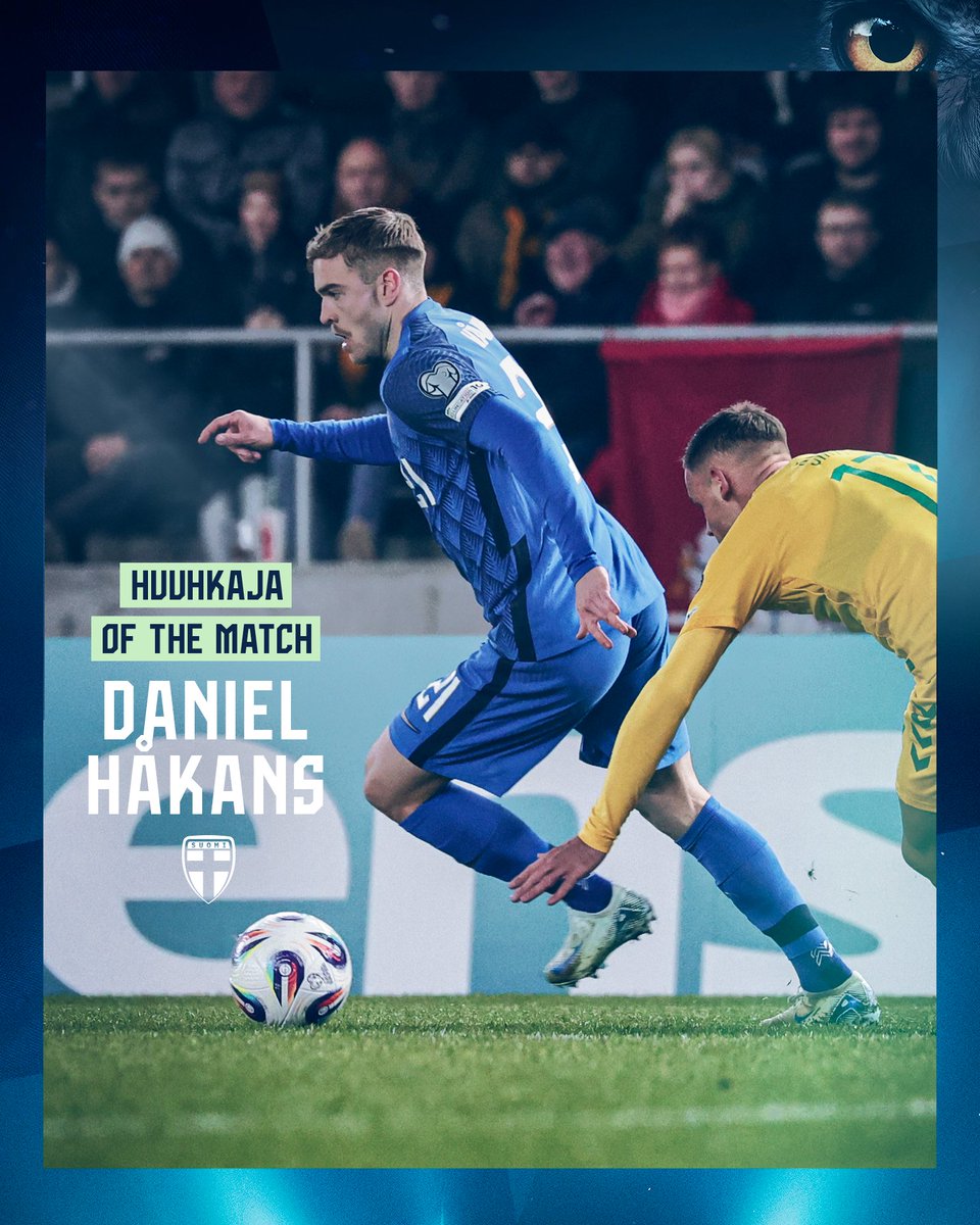 Huuhkajat's tweet photo. Te äänestitte Liettua-ottelun 𝐇𝐮𝐮𝐡𝐤𝐚𝐣𝐚 𝐨𝐟 𝐭𝐡𝐞 𝐌𝐚𝐭𝐜𝐡 -pelaajaksi DANIEL HÅKANSIN! 🦉
#Huuhkajat #MeOlemmeSuomi #LTUFIN #WCQfi #WCQ https://t.co/GpTdfZUP7x