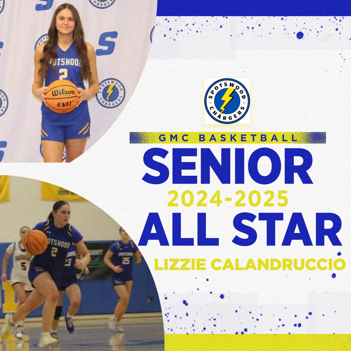 SpotswoodHoops's tweet photo. Congratulations @lizziecal2 , can’t wait to watch you play tonight in the GMC senior all star game! 💛🏀💙#WeAreChargers #ChargeUp https://t.co/TpWoxIsodB