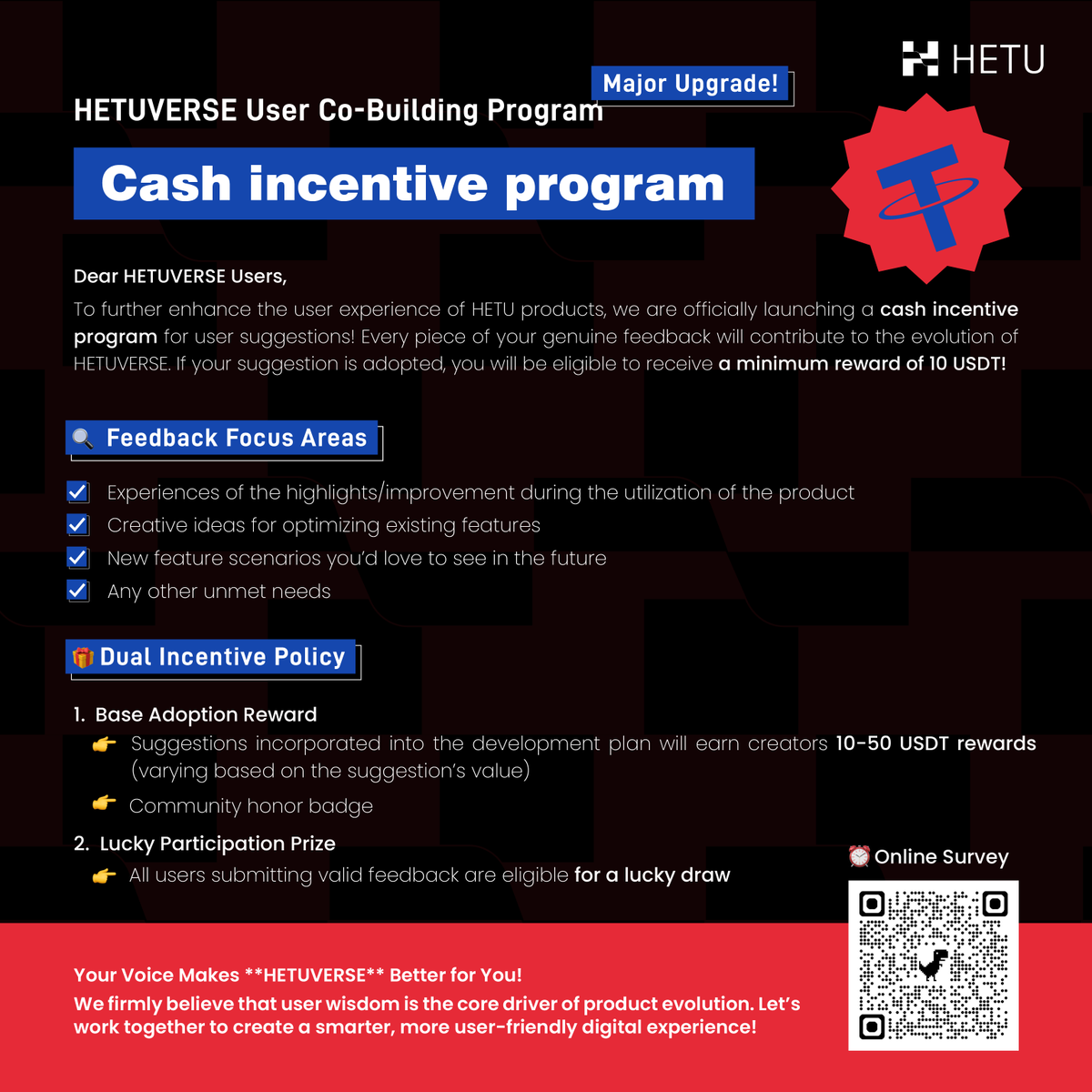 Hetu_DAO's tweet image. 📢【HETUVERSE User Co-Building Program】Major Upgrade!
                                  ——Cash incentive program

Dear HETUVERSE Users,
To further enhance the user experience of HETU products, we are officially launching a cash incentive program for user suggestions! Every piece…