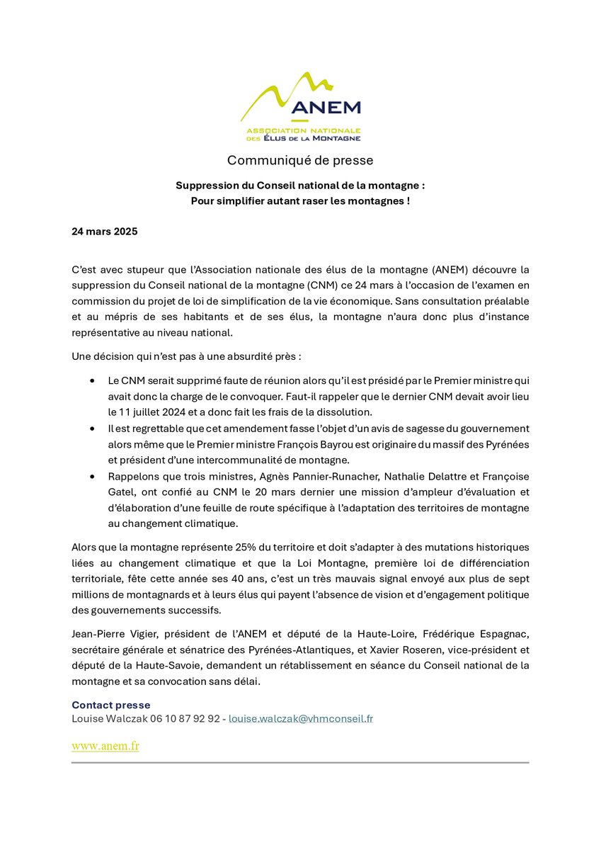 ⚠️🏔️ Territoires de montagne supprimés du débat national : quand  #simplification rime avec #liquidation
👉 Avec <a href="/J_PVigier/">Jean-Pierre Vigier</a> et <a href="/FEspagnac/">Frédérique Espagnac</a>, nous demandons solennellement le rétablissement immédiat du CNM ainsi que sa convocation rapide

 Notre CP <a href="/AnemMontagne/">AnemMontagne</a> ⤵️