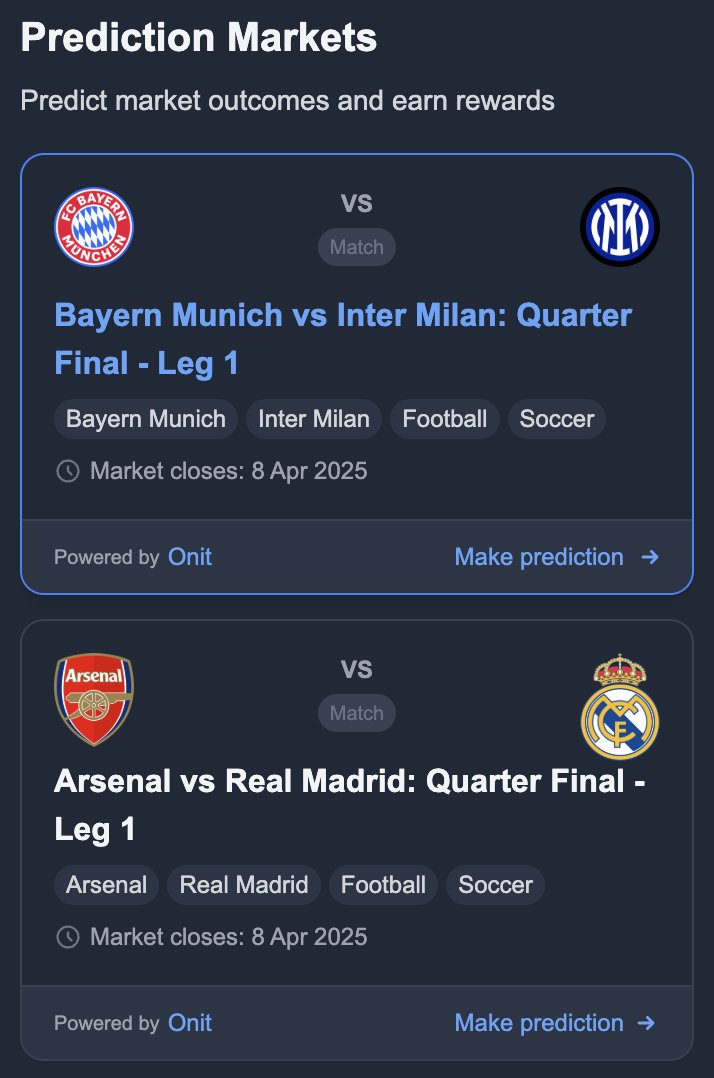 TheFalseNine, a football frame by <a href="/ashrafstakala/">ash</a> on <a href="/farcaster_xyz/">Farcaster</a>, are building Champions League prediction markets on the Onit protocol ⚽

Drop us a DM if you want to build fully customisable prediction markets into your app