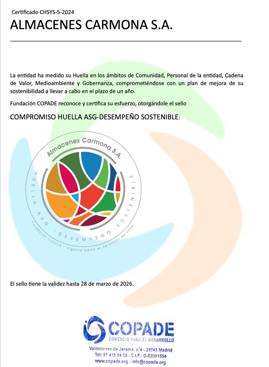 Nos complace informaros que hemos renovado la acreditación de Huella Social y Sostenibilidad.

Siendo la renovación del sello, muestra del compromiso de Almacenes Carmona S.A. (Abasthosur) con la sostenibilidad en sus tres vertientes: social, económica y medio ambiental.