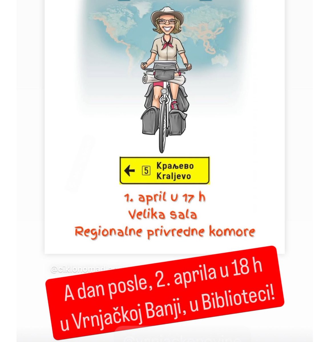 biciklomposvetu's tweet image. Tribine sledeće nedelje u Srbiji:

Kraljevo 1. 4. u 17 h, u Velikoj sali Regionalne privredne komore.

Vrnjačka Banja 2. 4. u 19 h, u Narodnoj biblioteci "Dr Dušan Radić".