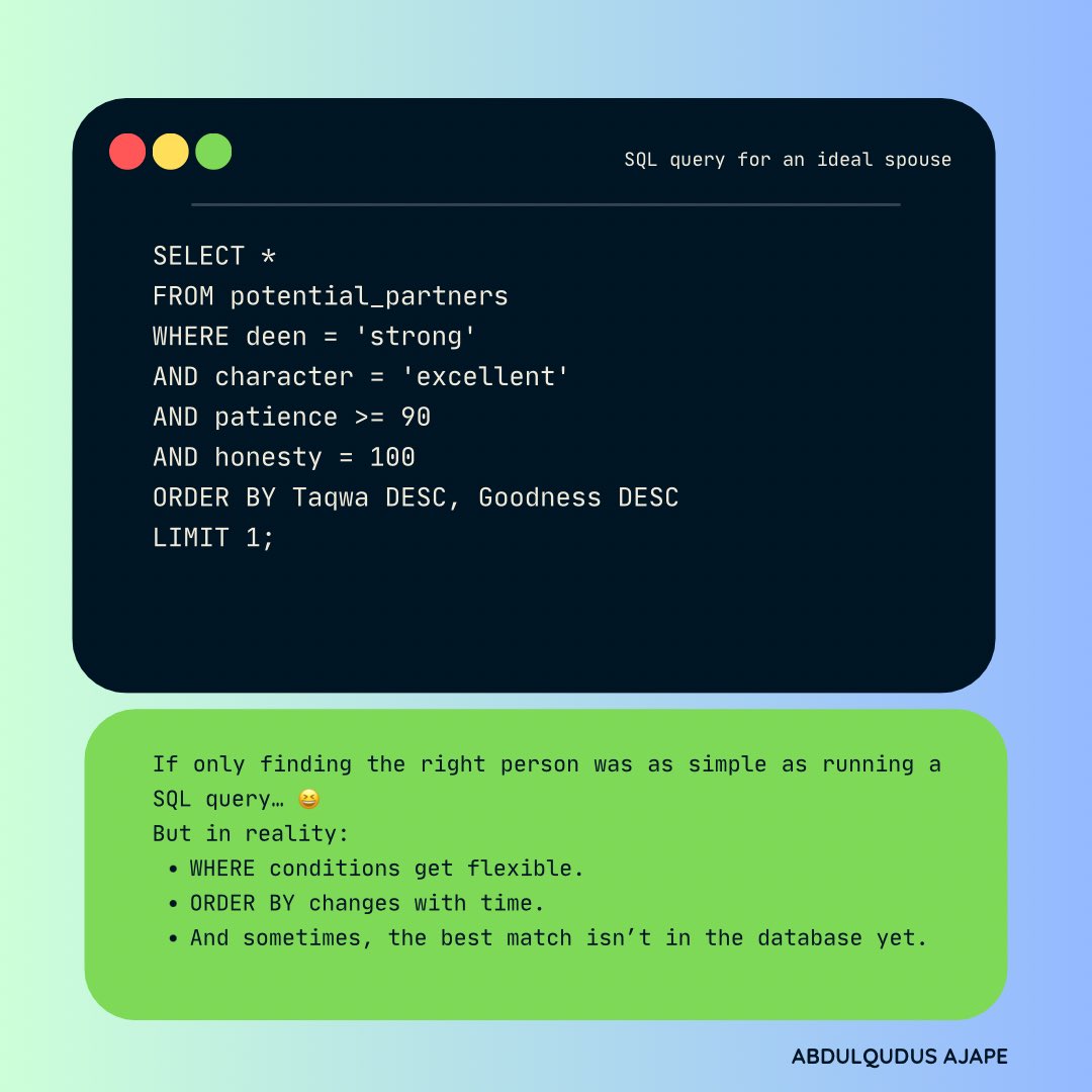 Love as a Database – SQL Query for the Perfect Partner.

Theme: Relationships &amp; Expectations

Concept: Writing an SQL query for an ideal spouse/partner

The lesson? Focus on self-improvement so that when the right row enters your table, you’re the best match for them too.