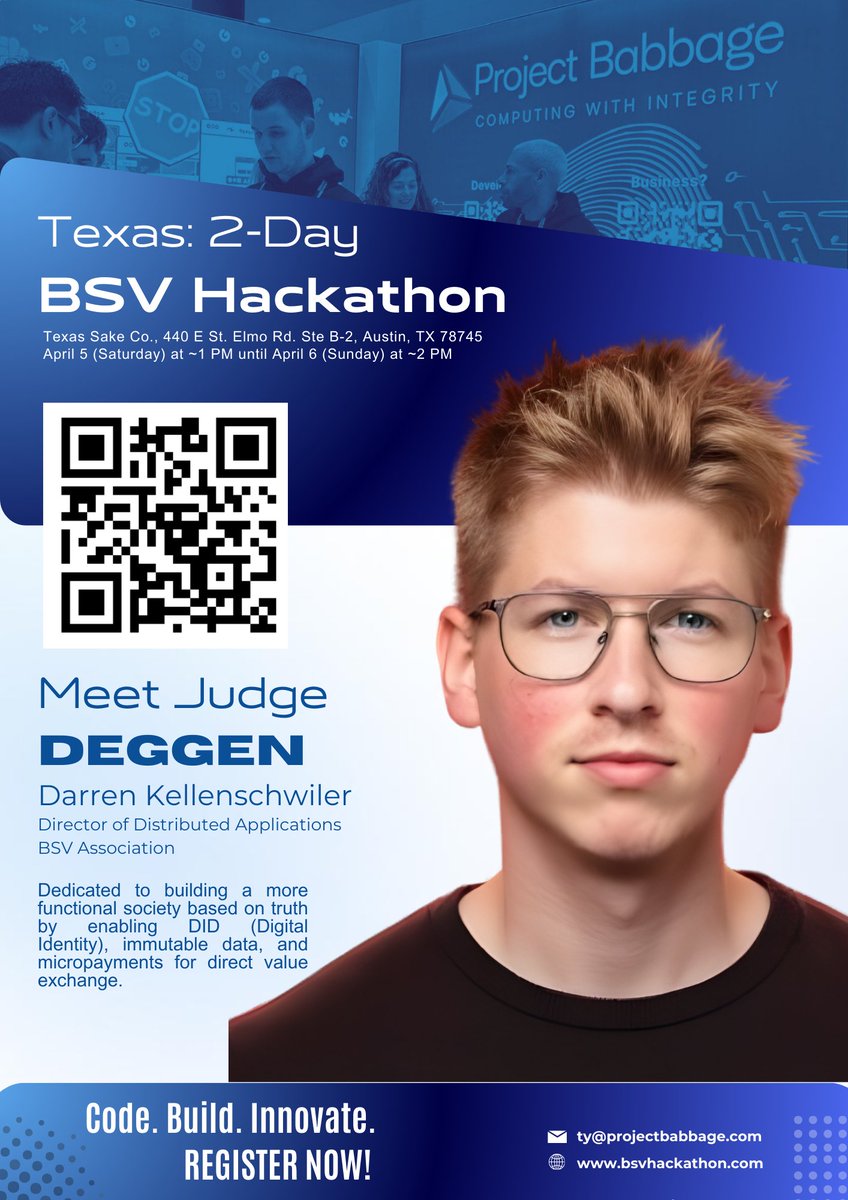cresbabiera's tweet image. 📣 Meet Judge @deggen  at the Texas: 2-Day BSV Hackathon!

Join us us April 5-6 in Austin, TX, and meet Darren Kellenschwiler (Director of Distributed Applications, BSV Association), who is dedicated to building a more functional society with Digital Identity (DID), immutable…