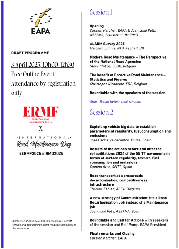 El Día Internacional de la Conservación de Carreteras o International Road Maintenance Day (IRMD), será la semana que viene, el 3 de abril #IRMD2025 #ERMF2025

Esta iniciativa surgió en el año 2017 y fue celebrada por primera vez el primer jueves de abril del año 2018 durante la