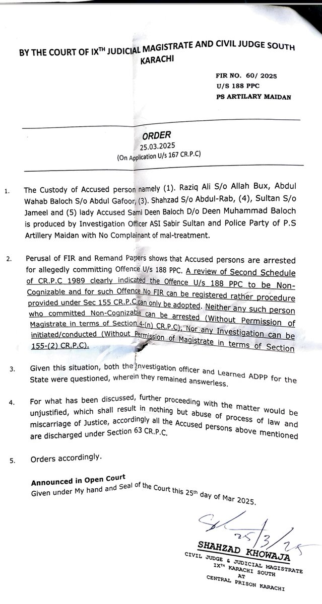 MJibranNasir's tweet photo. Sammi Deen Baloch of BYC has been confined in Central Jail under MPO issued by PPP led Sindh Govt. Remand hearing of @SammiBaluch and others was shifted to Central Jail in the name of security but the plan was to arrest and detain them under MPO. The Learned Judicial Magistrate discharged all five accused in the FIR registered yesterday. As soon as the accused were discharged and ordered to be released the Police started waving the MPO order. While Sammi surrendered and wilfully gave her arrest the whereabouts of four others Lala  Wahab, Raziq, Sultan and Shahdad are unknown. Sammi is to be kept at Central Jail for 30 days. This is the democracy @BBhuttoZardari lectures on. We will be challenging the MPO in High Court tomorrow and it must be mentioned that the independence of the Constitutional Benches is questionable as seen in previous judgments made in relation to rights of Baloch Activists.
