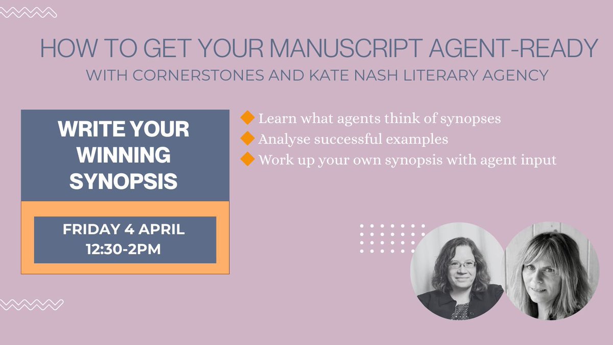 KNLitAgency's tweet photo. Want to write a synopsis that wins over agents? 

On Friday 4th April we're delivering an online session with @CornerstonesLit examining what makes a successful synopsis and helping writers work up the skeleton of their own synopsis. 

Sign up here: https://t.co/tu8zMn3Oca https://t.co/iULBS5J6UW