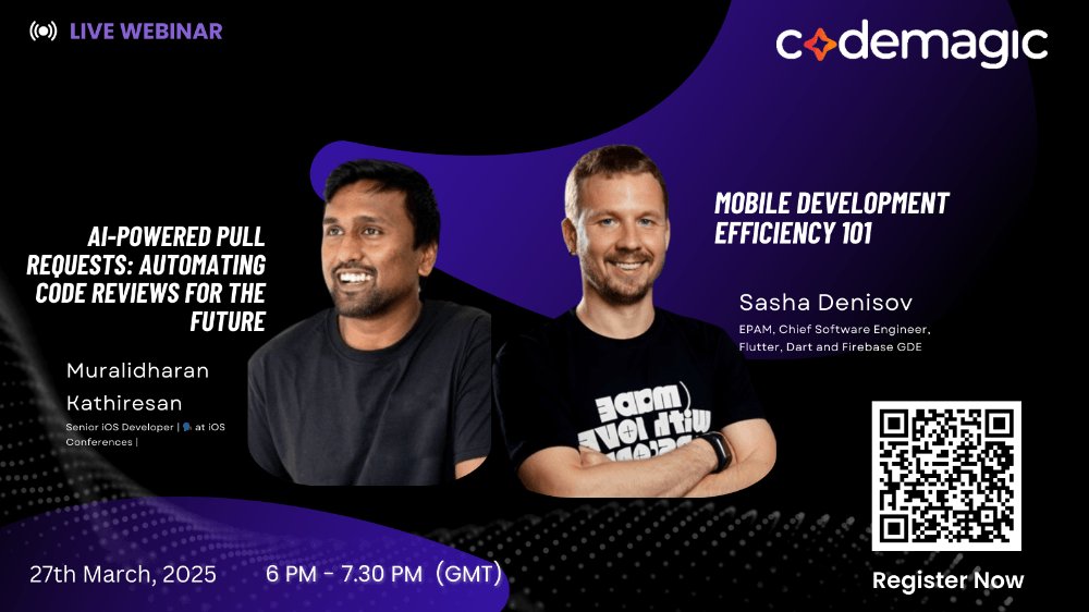 🚀 Codemagic Webinar – Expert Talks + Live Q&amp;A!

📌 Muralidharan Kathiresan – AI-Powered Code Reviews (6:00 PM GMT)
📌 <a href="/ShuregDenisov/">Sasha Denisov</a> – Mobile Dev Efficiency 101 (6:30 PM GMT)
💬 Q&amp;A (7:00 PM GMT)

Register now 👉 yzpqn8swqna.typeform.com/to/DHNRoEMa 🚀
<a href="/FlutterComm/">Flutter Community</a>  <a href="/FlutterBerlin/">Flutter Berlin Meetup</a>
