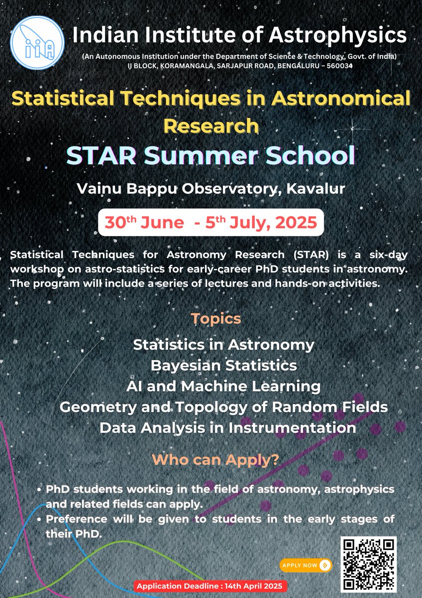IIAstrophysics (@iiabengaluru) on Twitter photo Statistical Techniques for Astronomy Research (STAR)
A 6-day workshop on astro-statistics for early-career PhD students in astronomy
🗓️ 30 Jun - 5 Jul
🔗 events.iiap.res.in/event/250/
<a href="/IndiaDST/">DSTIndia</a> <a href="/asipoec/">Astronomical Soc. India Outreach and Education</a> <a href="/doot_iia/">DOOT</a> <a href="/CosmosMysuru/">COSMOS Mysuru</a> <a href="/kodaiastronomy/">Kodaikanal Observatory</a> <a href="/VBOKavalur/">Vainu Bappu Observatory</a> <a href="/SPG_IIA/">Space Payloads Group IIA</a> <a href="/fiddlingstars/">Annapurni Subramaniam</a> Statistical Techniques for Astronomy Research (STAR)
A 6-day workshop on astro-statistics for early-career PhD students in astronomy
🗓️ 30 Jun - 5 Jul
🔗 events.iiap.res.in/event/250/
<a href="/IndiaDST/">DSTIndia</a> <a href="/asipoec/">Astronomical Soc. India Outreach and Education</a> <a href="/doot_iia/">DOOT</a> <a href="/CosmosMysuru/">COSMOS Mysuru</a> <a href="/kodaiastronomy/">Kodaikanal Observatory</a> <a href="/VBOKavalur/">Vainu Bappu Observatory</a> <a href="/SPG_IIA/">Space Payloads Group IIA</a> <a href="/fiddlingstars/">Annapurni Subramaniam</a>