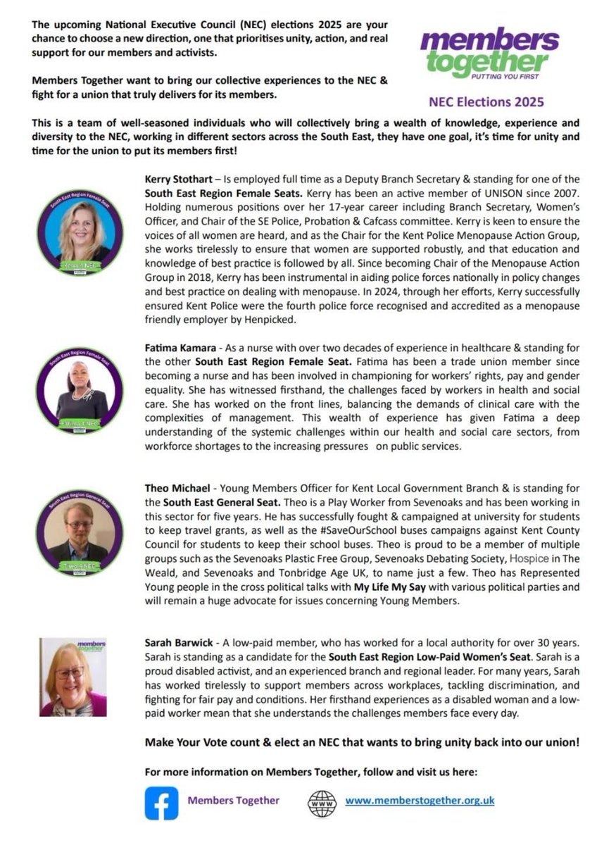 Theo Michael 🌹🐝💙🇨🇾 (@candidate_theo) on Twitter photo With voting for the <a href="/unisontheunion/">UNISON - UK's largest union</a> NEC election drawing closer, here’s a bit about who me & my fellow #MembersTogether candidates n the southeast, <a href="/KStothart75/">Kerry Stothart</a>, <a href="/IamFatimaKamara/">Fatima Kamara</a> & Sarah Barwick, are, what we do & what we have done. Please consider lending us your support. With voting for the <a href="/unisontheunion/">UNISON - UK's largest union</a> NEC election drawing closer, here’s a bit about who me & my fellow #MembersTogether candidates n the southeast, <a href="/KStothart75/">Kerry Stothart</a>, <a href="/IamFatimaKamara/">Fatima Kamara</a> & Sarah Barwick, are, what we do & what we have done. Please consider lending us your support.