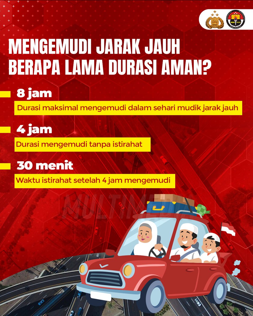 PBaki4's tweet photo. Sobat Polri, saat berkendara menggunakan kendaraan pribadi pada mudik Lebaran 2025 pastikan kamu mengetahui durasi aman mengemudi ya. Hal ini demi mengurangi dampak maupun hal-hal yang tidak diinginkan selama perjalanan agar mudik kamu aman dan keluarga nyaman! 

#korlantaspolri https://t.co/DfJ1qzvSLt