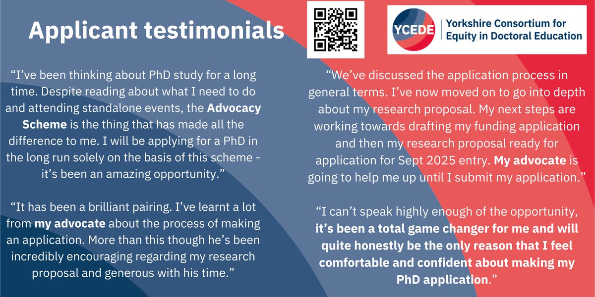 Applications have reopened for @theYCEDE Advocacy Scheme until 18/04/25.
Get 1:1 support around PhD application, whether applying this year or in the future.
For more info and to hear from participants that successfully applied for a PhD visit: ycede.ac.uk/advocacy/