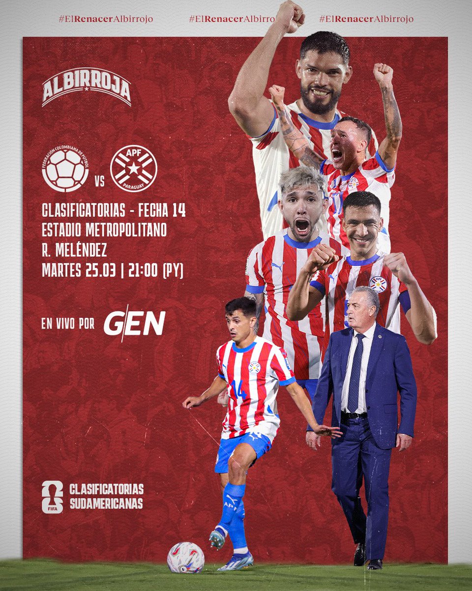 Selecciรณn Paraguaya (@albirroja) on Twitter photo ยกDรญa de partido, ๐๐ช๐๐๐ ๐ก๐ #๐ผ๐ก๐๐๐ง๐ง๐ค๐๐! โช๏ธ๐ด
๐ ๐จ๐ด
๐ 21:00 h
๐ Estadio Metropolitano Roberto Melรฉndez.
โฝ Clasificatorias <a href="/fifaworldcup_es/">Copa Mundial FIFA ๐</a> 2026
๐
Fecha 14
๐บ <a href="/SomosGEN/">GEN</a>
๐ฐ goo.su/qo1WjK
ยกA seguir sumando! ๐๐ป
#VamosParaguay ๐ต๐พ ยกDรญa de partido, ๐๐ช๐๐๐ ๐ก๐ #๐ผ๐ก๐๐๐ง๐ง๐ค๐๐! โช๏ธ๐ด
๐ ๐จ๐ด
๐ 21:00 h
๐ Estadio Metropolitano Roberto Melรฉndez.
โฝ Clasificatorias <a href="/fifaworldcup_es/">Copa Mundial FIFA ๐</a> 2026
๐
Fecha 14
๐บ <a href="/SomosGEN/">GEN</a>
๐ฐ goo.su/qo1WjK
ยกA seguir sumando! ๐๐ป
#VamosParaguay ๐ต๐พ