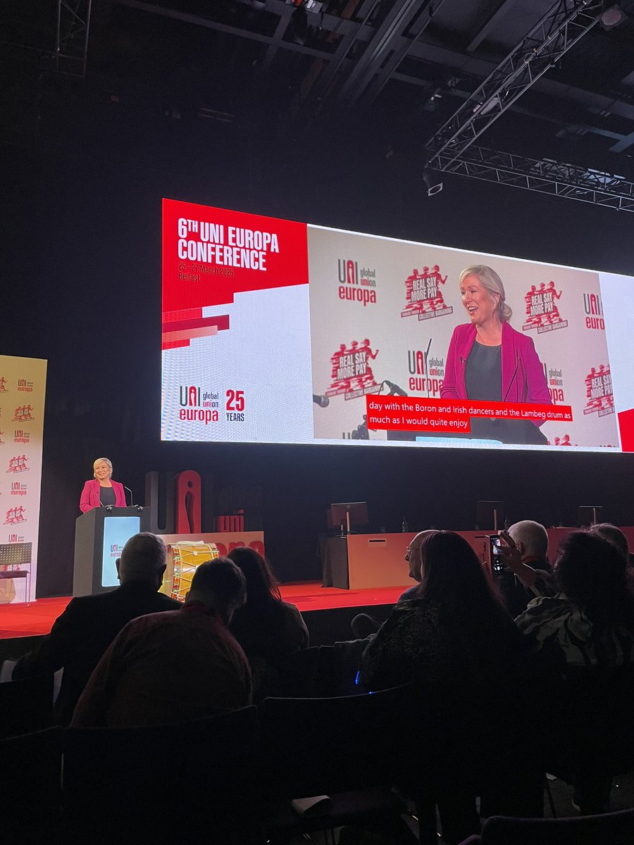philippachilds's tweet photo. An inspiring and entertaining opening ceremony to the @UNI_Europa Conference in Belfast. Looking forward to representing @ProspectUnion @Bectu in debates about union organising, strengthening collective bargaining and the challenges of AI #RealSayMorePay https://t.co/KMBhhJv6RI