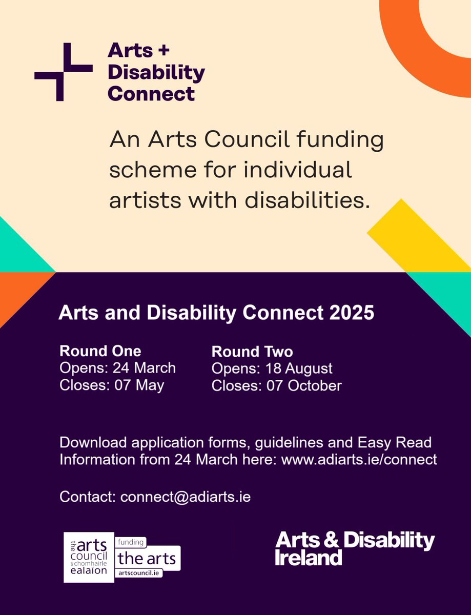 The Arts Council / An Chomhairle Ealaíon (@artscouncil_ie) on Twitter photo OPEN NOW: Arts & Disability Connect Scheme
Aims to support artists with disabilities to be ambitious, develop their practice & connect w/ arts orgs & professionals
Apply for:
🔹New Work
🔹Research & Reflection
🔹Mentoring
🔹Training
Managed by <a href="/ADIarts/">Arts & Disability Ireland</a>
bit.ly/3DxoNs0 OPEN NOW: Arts & Disability Connect Scheme
Aims to support artists with disabilities to be ambitious, develop their practice & connect w/ arts orgs & professionals
Apply for:
🔹New Work
🔹Research & Reflection
🔹Mentoring
🔹Training
Managed by <a href="/ADIarts/">Arts & Disability Ireland</a>
bit.ly/3DxoNs0