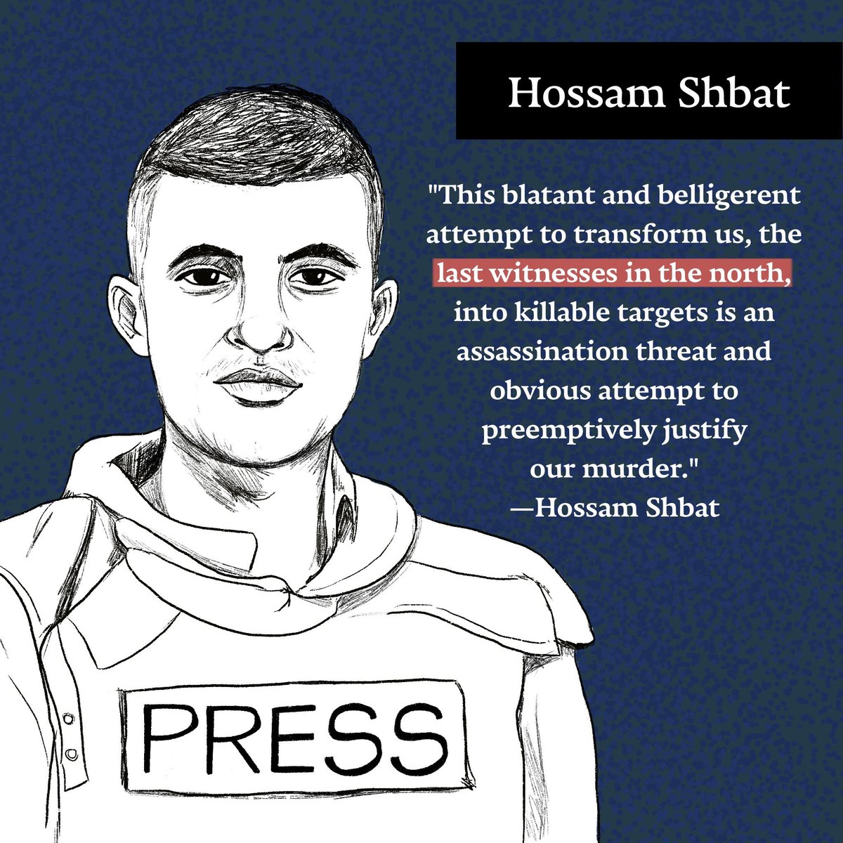 Yesterday Israel killed Palestinian journalist Hossam Shbat, 23, in a targeted strike on his car in Beit Lahiya, Gaza. He worked for Al Jazeera Mubasher.

In final words he left, anticipating his assassination, Shbat said: “By God, I fulfilled my duty as a journalist. I risked