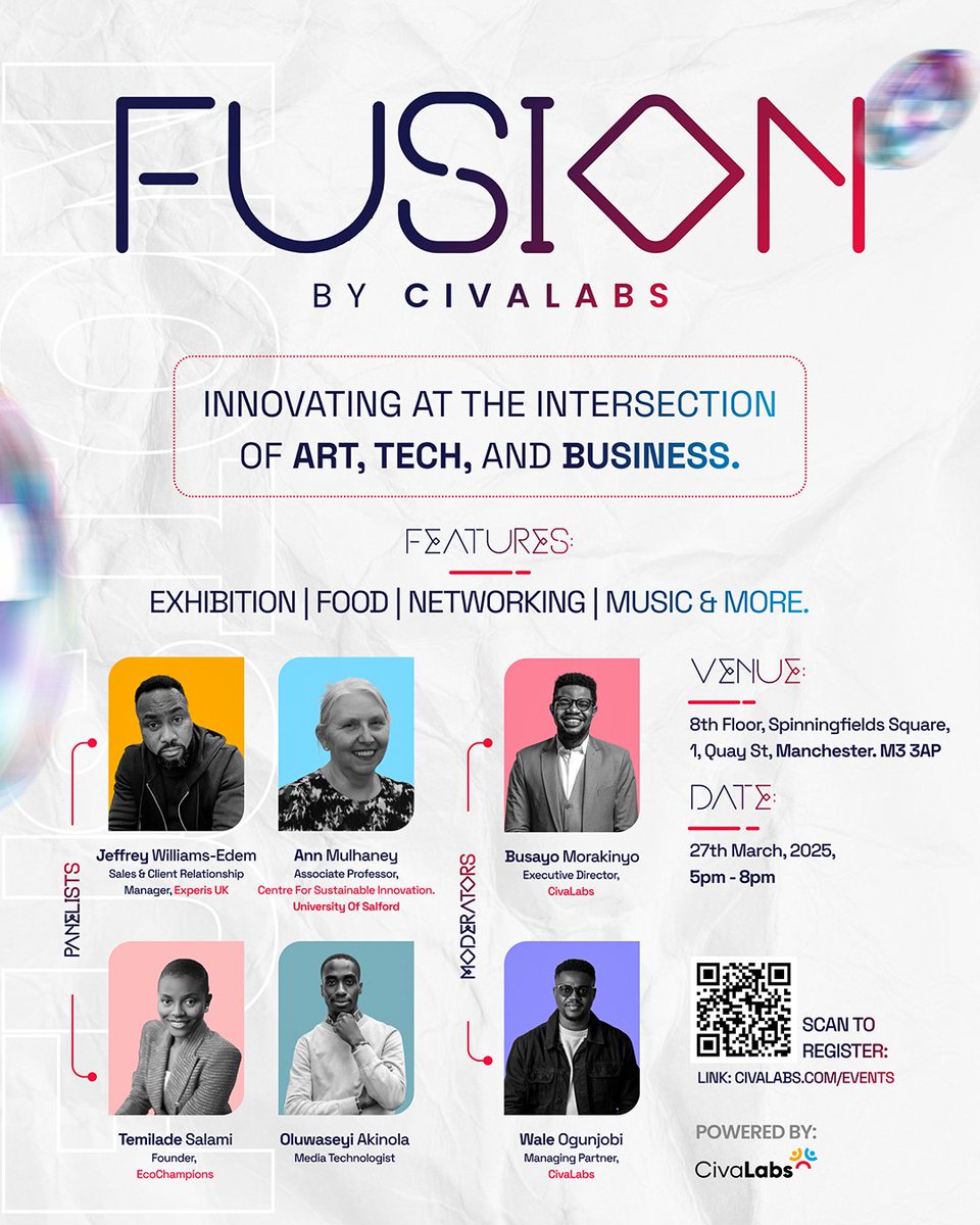 Manchester People!
Fusion is an event that introduces our integrated approach to technology, business, art, and culture. This event is designed to create an engaging platform for addressing key issues related to cultural identity and business integration
civalabs.com/event/fusion