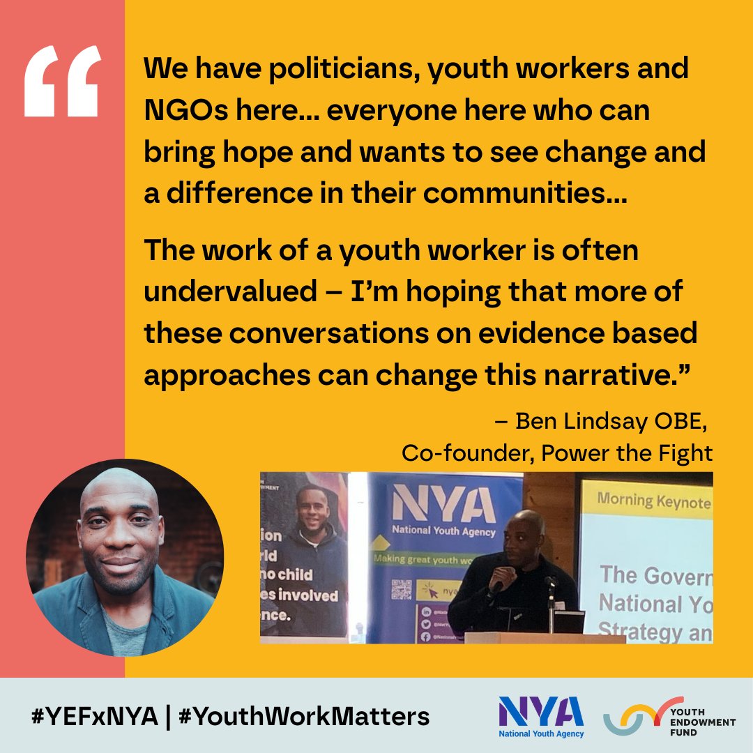 NYA (@natyouthagency) on Twitter photo At the #YEFxNYA conference, <a href="/benlindsayOBE/">Ben Lindsay OBE</a>, Co-founder at @powerthefight, discusses his appreciation for youth work and the importance of gaining recognition for youth workers and the life-changing impact they have on young people.
#YouthWorkMatters #YouthWork At the #YEFxNYA conference, <a href="/benlindsayOBE/">Ben Lindsay OBE</a>, Co-founder at @powerthefight, discusses his appreciation for youth work and the importance of gaining recognition for youth workers and the life-changing impact they have on young people.
#YouthWorkMatters #YouthWork