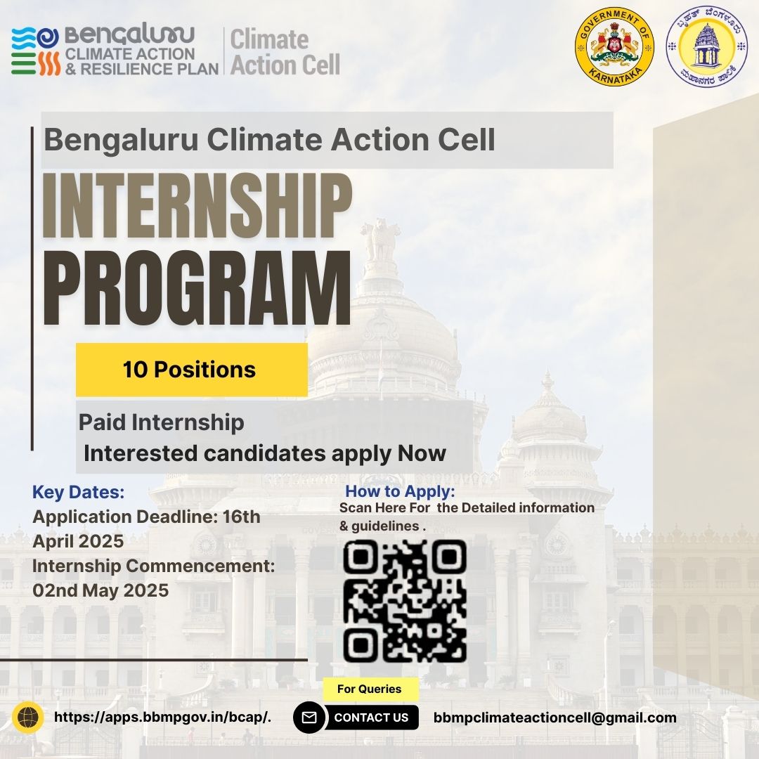 gba_bcac's tweet image. 🌟 Join Us! #BBMPClimateActionCell is seeking passionate individuals for our paid #InternshipProgram.
📅 Apply by April 16, 2025! 🚀
Scan the QR code or click the link for details.
🔗apps.bbmpgov.in/bcap/
Qualifications and skills we seek:
- Minimum eligibility: Pursuing or…