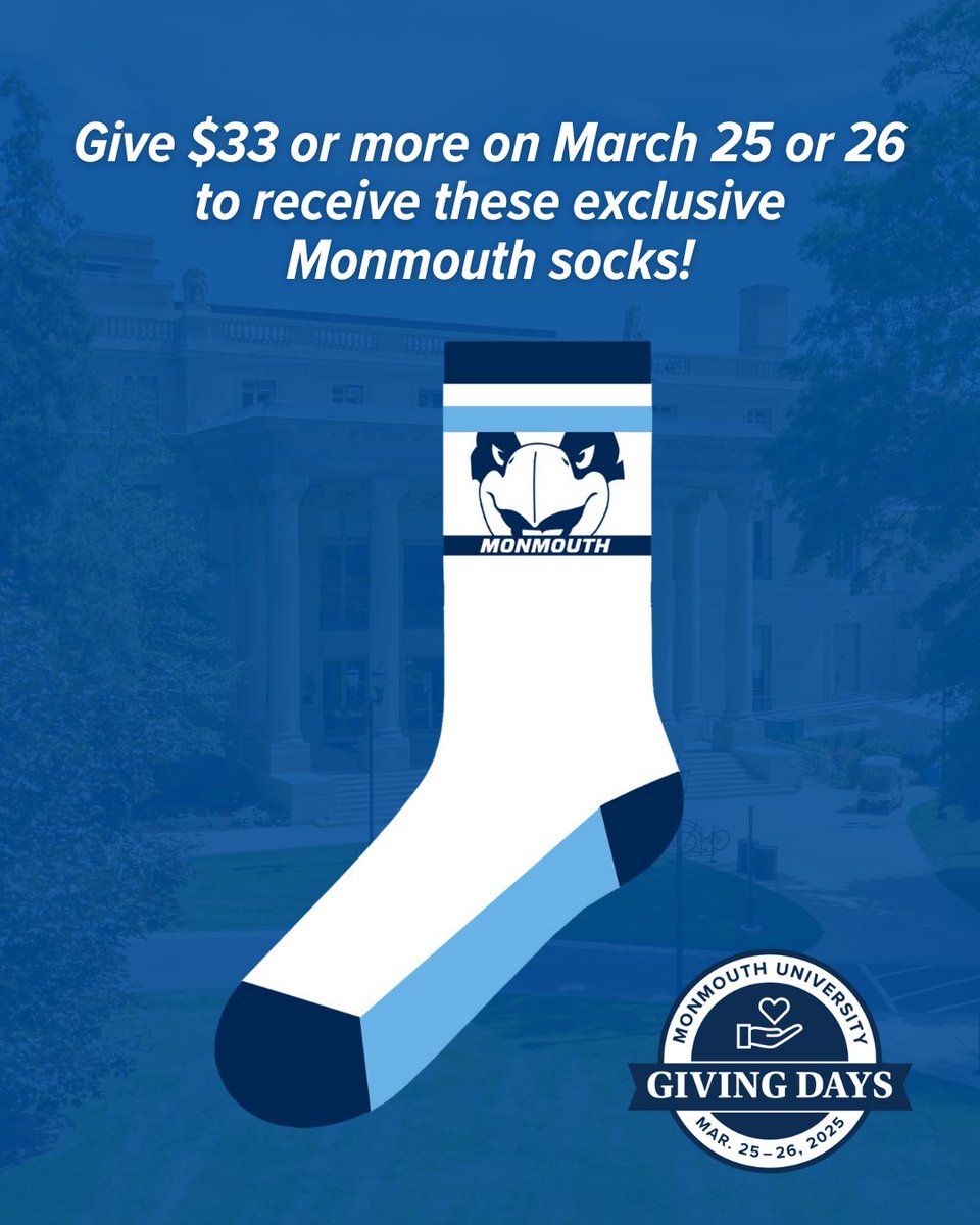 MonmouthHawks's tweet image. Hawks 🧦 are back for #MonmouthGivingDays!

Give $33 or more to any program in athletics and get these! 

🔹 MonmouthHawks.com/GivingDays