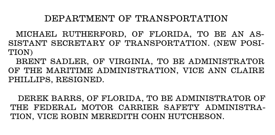 Jeff Davis (@jdwithtw) on Twitter photo Three new and previously unannounced nominations to <a href="/USDOT/">U.S. Department of Transportation</a> posts made by the WhIte House yesterday. I think the unnamed AsstSec job is Multimodal Freight but can't be certain yet. Three new and previously unannounced nominations to <a href="/USDOT/">U.S. Department of Transportation</a> posts made by the WhIte House yesterday. I think the unnamed AsstSec job is Multimodal Freight but can't be certain yet.
