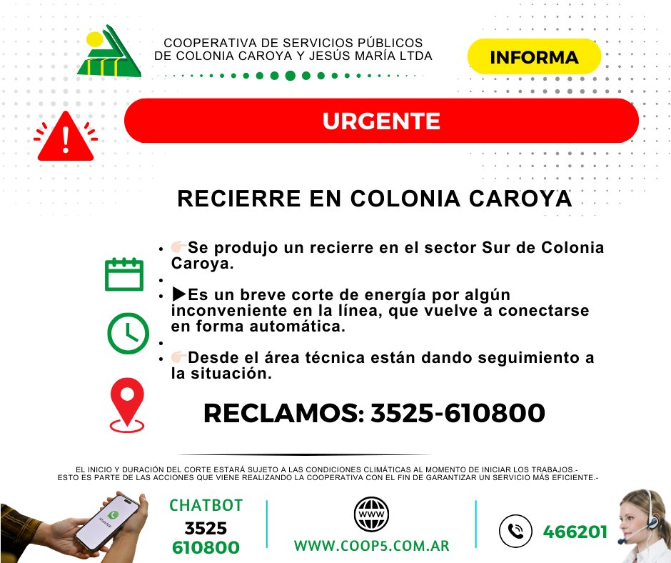 canalcoop's tweet photo. #Ahora 
👉🏻Nos informan que hubo un recierre en el sector Sur de Colonia Caroya. 
▶️Es un breve corte de energía por algún inconveniente en la línea, que vuelve a conectarse en forma automática. 
👉🏻Desde el área técnica están dando seguimiento a la situación. https://t.co/aqgUy3nHHO