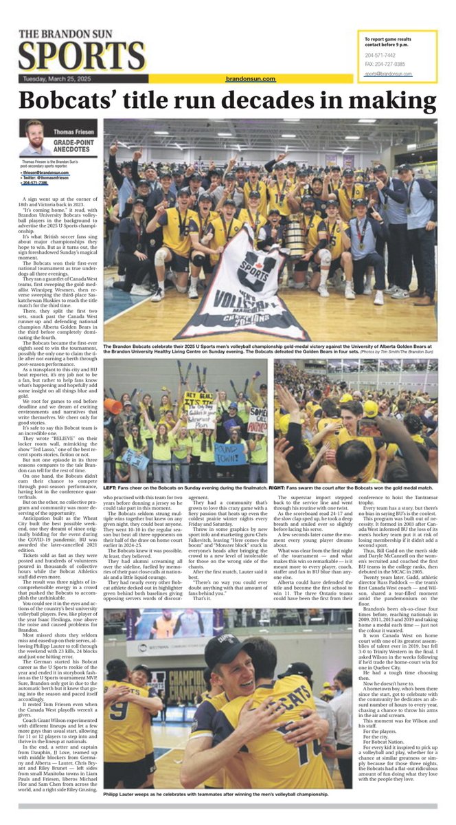 Read today’s <a href="/thebrandonsun/">The Brandon Sun 🇨🇦</a> for a piece by sports reporter <a href="/thomasmfriesen/">Thomas Friesen</a> on the <a href="/BUBobcats/">BU Bobcats</a> men’s volleyball team and their journey to their 2025 U Sports gold medal victory last Sunday. #bdnmb #manitoba <a href="/USPORTSca/">U SPORTS</a>