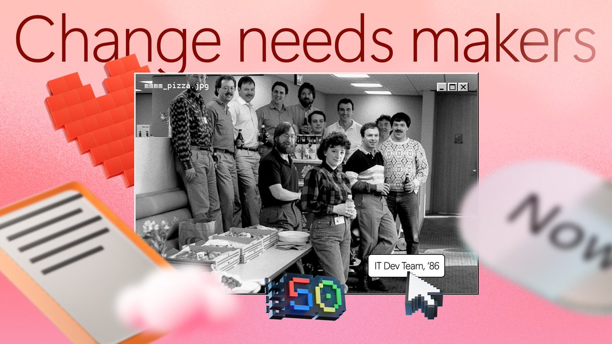 msdevjp's tweet image. ／
#Microsoft50 で振り返る Developer
＼
50 年間のさまざまな変革には、作り手である Developer たちの存在が欠かせません。
この写真は、設立から 1 年ほど経った頃のマイクロソフト Developer たちが一仕事を終えてピザを囲んでいる様子🍕
みなさんが一仕事終えた後に欠かせないものは何ですか👀