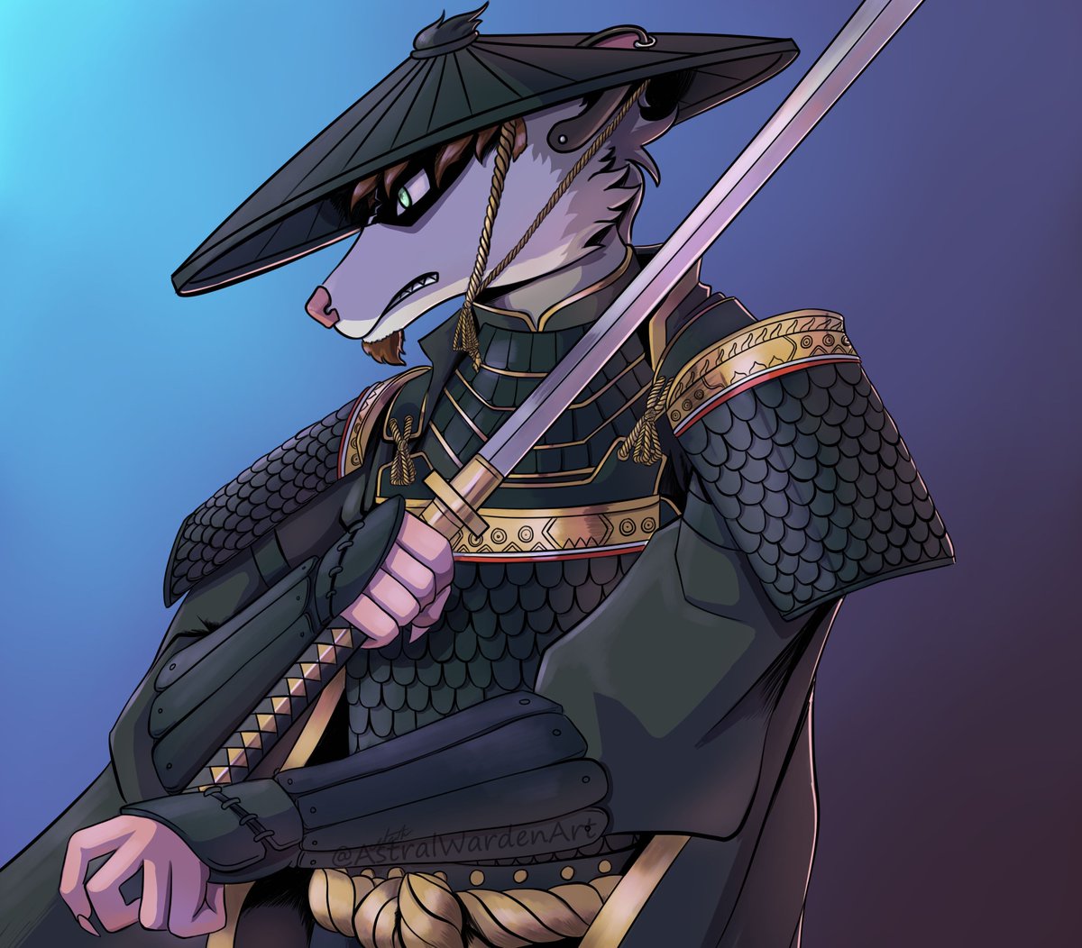 A commission piece for a friend of mine, was fun to draw his possum in the samurai armour!

#Furry #furryart #furryartist #artist #art #digitalart