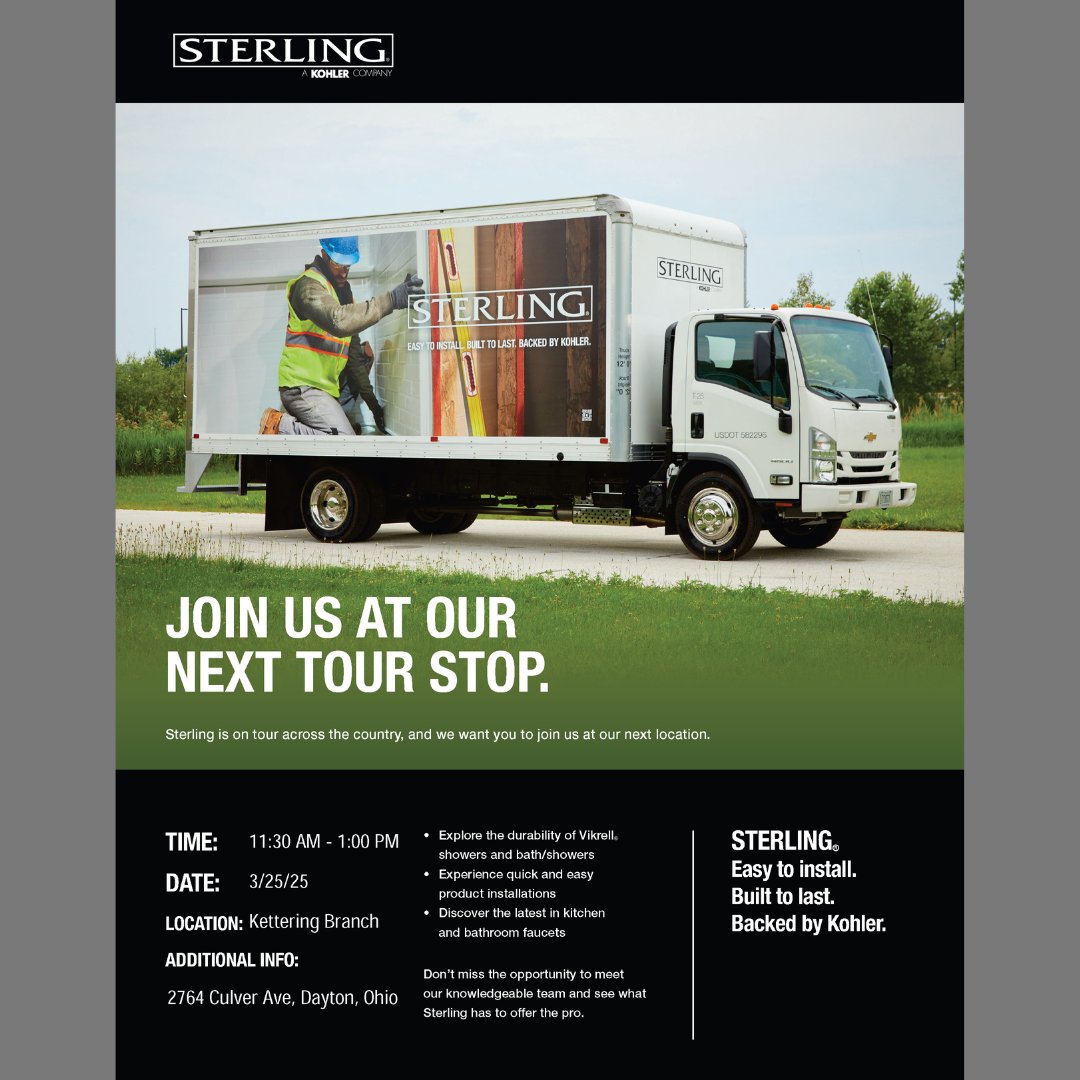 SupplyWiseway's tweet photo. Today’s the day, Dayton &amp; Cincinnati-Area plumbers! The Sterling Product Truck will be making a trip to our Kettering, OH branch. Stop by to explore the latest in Sterling products and experience what makes Sterling superior. See you soon!

@Kohler https://t.co/VKvB9ptNEW