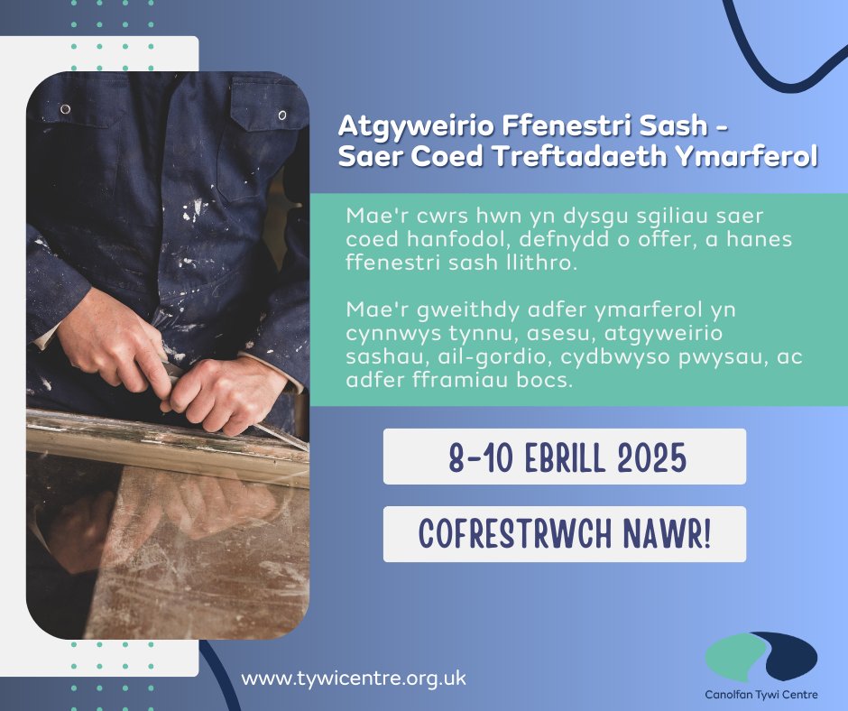 Barod i feistroli coedwaith treftadaeth? 🌟🔨

Mae ein cyrsiau Atgyweirio Ffenestri Sash yn berffaith ar gyfer saer coed sy'n dymuno gwella eu sgiliau mewn adfer ffenestri sash traddodiadol. 

Cewch eich lle nawr ar gyfer 8-10 Ebrill 2025: ow.ly/nyez50V7v7R