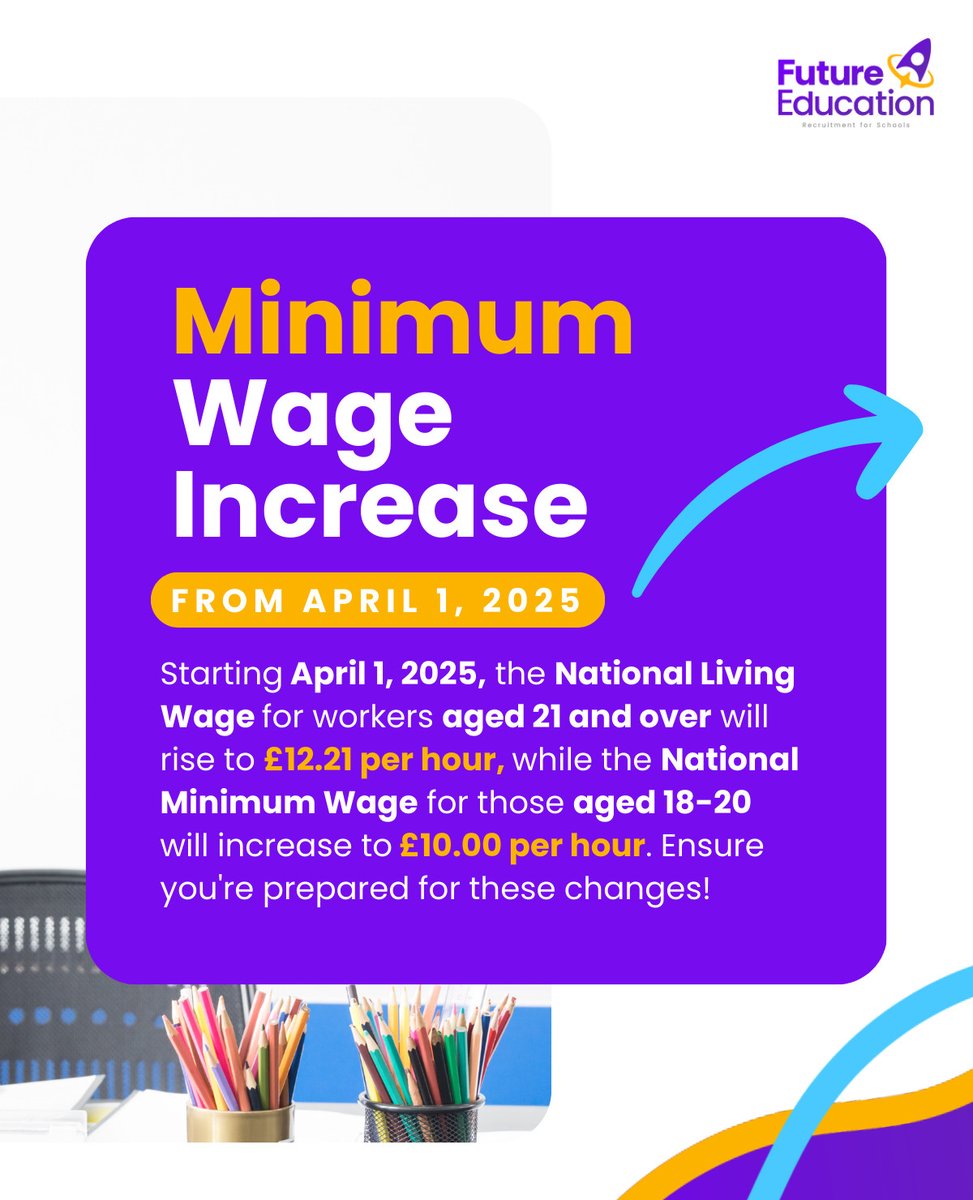 FutureEdLtd's tweet photo. From April 2025, the National Living Wage for 21+ will rise to £12.21/hr, and the National Minimum Wage for 18-20 to £10.00/hr.

Employers should update payroll systems to stay compliant. Full details: https://t.co/wbXdkvUi78

#WageUpdate #HRCompliance #Payroll https://t.co/Ll70QH8Fl0